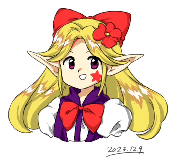 1girl 2023 :d blonde_hair bow bowtie dated elis_(touhou) facial_mark flower hair_bow hair_flower hair_ornament long_hair long_pointy_ears nonamejd official_style pointy_ears puffy_sleeves red_bow red_bowtie red_flower simple_background smile solo star_(symbol) star_facial_mark touhou touhou_(pc-98) upper_body violet_eyes white_background zun_(style)