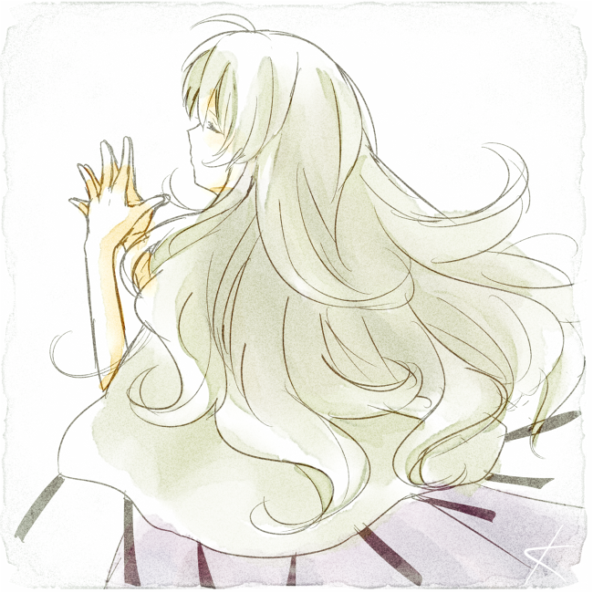 .hack// .hack//games 1girl aura_(.hack//) cloak closed_eyes commentary_request dress kanade long_hair painting_(medium) signature simple_background sketch solo steepled_fingers traditional_media watercolor_(medium) wavy_hair white_background white_cloak white_dress white_hair