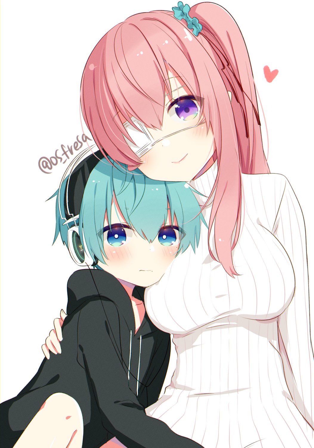 1boy 1girl age_difference aqua_hair artist_name black_hoodie blue_eyes blue_scrunchie blush breast_pillow breasts closed_mouth eyepatch face_to_breasts headphones heart highres hood hoodie knee_up large_breasts light_frown long_hair looking_at_viewer medical_eyepatch nei_akutsu onee-shota original os_(os_fresa) pink_hair ribbed_sweater scrunchie short_hair smile souta_kandori sweater violet_eyes white_background white_sweater