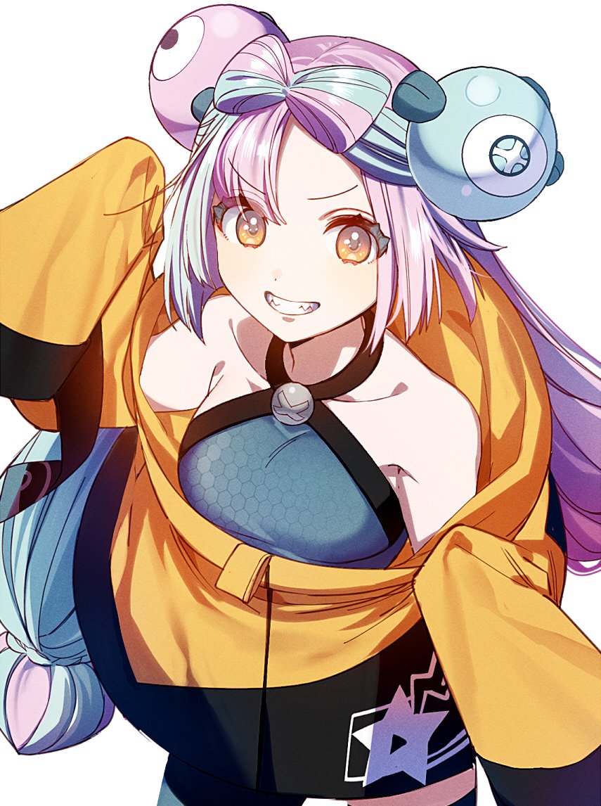 1girl blush bow-shaped_hair breasts character_hair_ornament grin hair_ornament iono_(pokemon) jacket long_hair looking_at_viewer low-tied_long_hair magnemite multicolored_hair oversized_clothes pink_hair pokemon pokemon_sv ryon_(ryonhei) sharp_teeth simple_background sleeves_past_fingers sleeves_past_wrists small_breasts smile solo split-color_hair teeth two-tone_hair very_long_sleeves white_background yellow_jacket