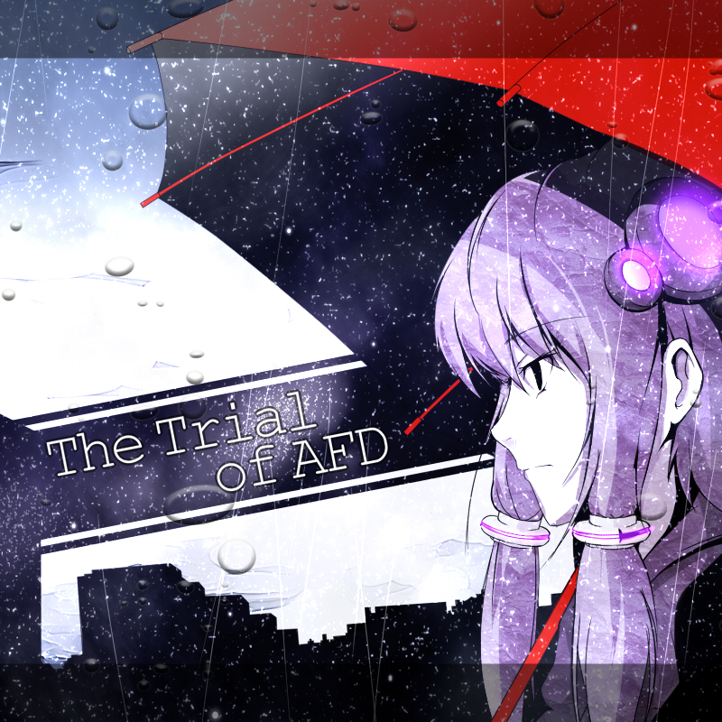 1girl black_border black_eyes black_jacket border cityscape closed_mouth clouds cloudy_sky collared_shirt commentary_request english_text eyelashes from_side frown hair_ornament hair_over_shoulder holding holding_umbrella jacket letterboxed long_hair low_twintails outdoors purple_hair purple_shirt rain red_umbrella shiroino_(shirayuki_mutsuki) shirt sky solo twintails umbrella upper_body vocaloid voiceroid water_drop yuzuki_yukari