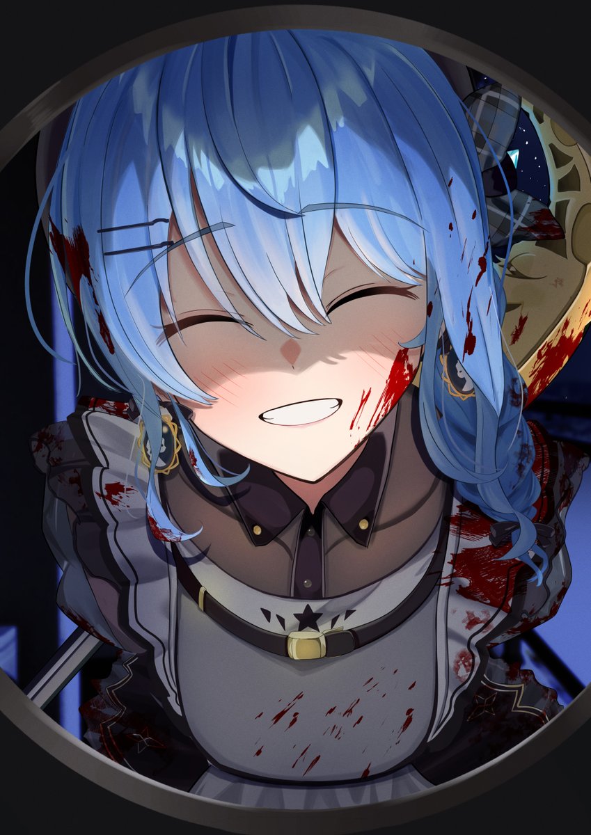 1girl axe blood blood_in_hair blood_on_clothes blood_on_face blue_hair highres holding holding_axe holding_weapon hololive hoshimachi_suisei hoshimachi_suisei_(maid) kurenaiaoi0 smile weapon