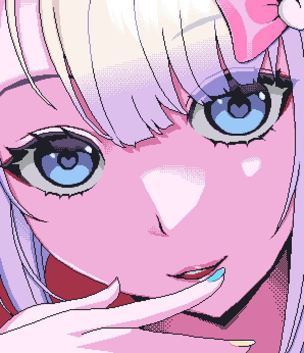 1girl blue_eyes blunt_bangs bow chouzetsusaikawa_tenshi-chan close-up commentary_request eencya hair_bow hand_to_own_mouth hand_up heart heart_in_eye looking_at_viewer needy_girl_overdose official_art open_mouth pink_bow pink_lips pixel_art second-party_source smile solo symbol_in_eye white_hair