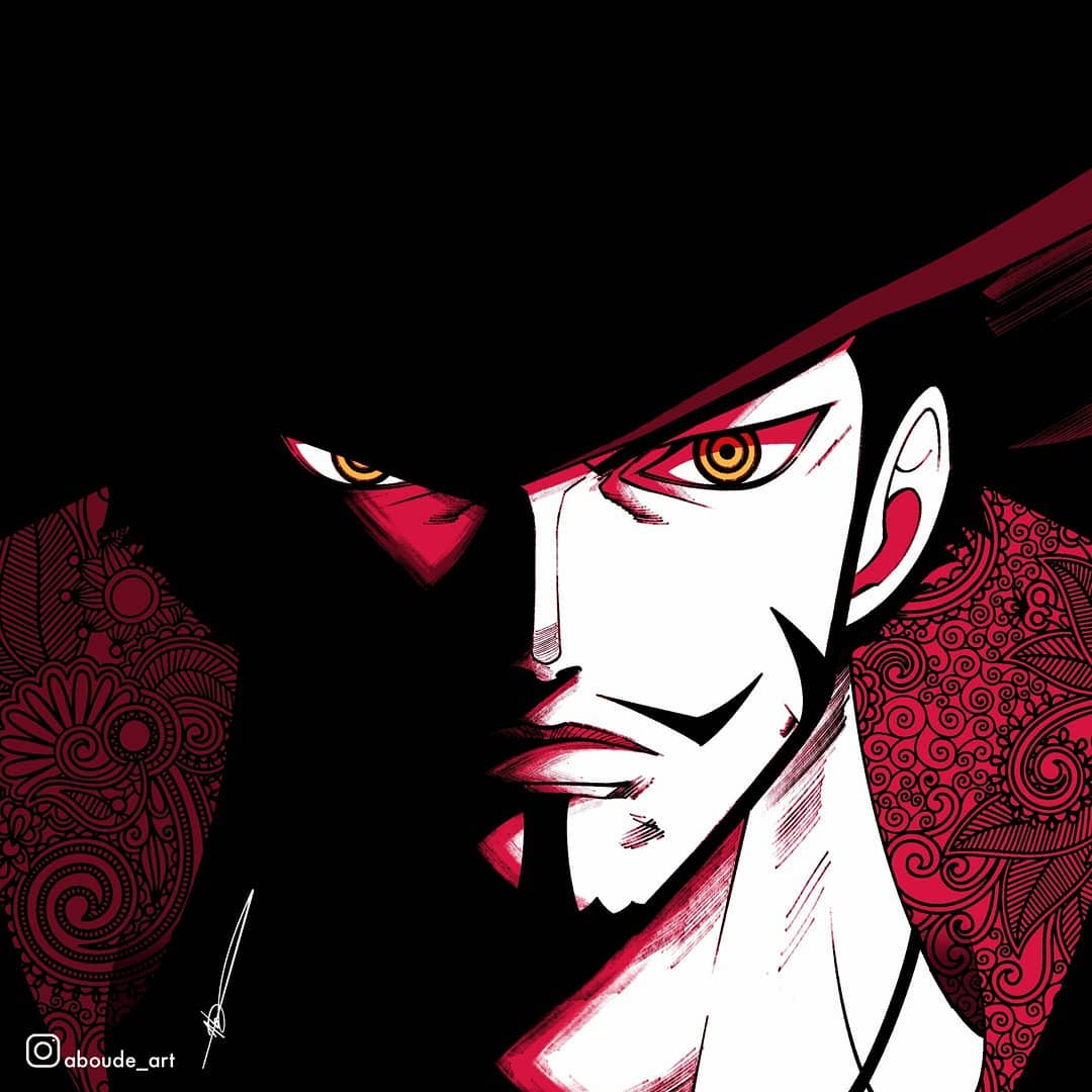 1boy aboude_art artist_name beard black_hair closed_mouth commentary dracule_mihawk facial_hair hat instagram_logo instagram_username limited_palette male_focus mustache one_piece short_hair sideburns signature solo yellow_eyes