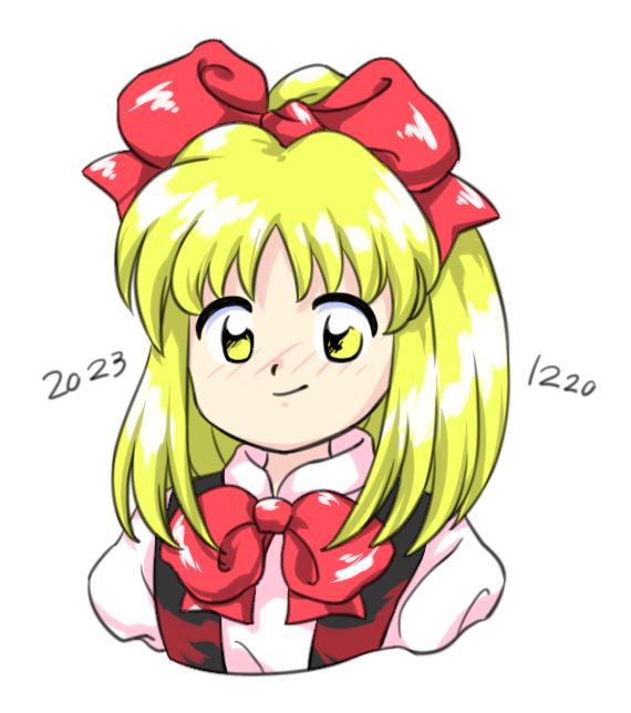 1girl 2023 blonde_hair bow bowtie closed_mouth dated gengetsu_(touhou) hair_bow looking_at_viewer medium_hair nonamejd official_style red_bow red_bowtie simple_background smile solo touhou touhou_(pc-98) upper_body white_background yellow_eyes zun_(style)
