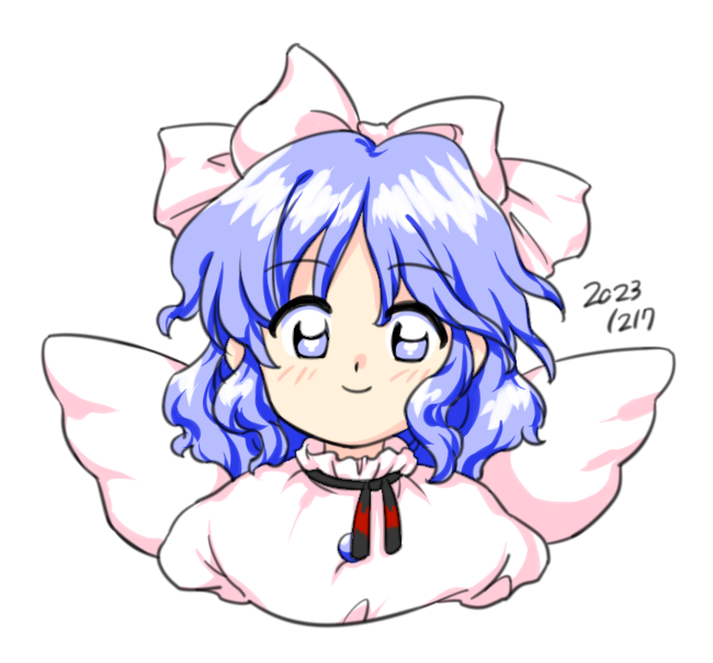 1girl 2023 blue_hair bow closed_mouth dated hair_bow looking_at_viewer mai_(touhou) nonamejd official_style short_hair simple_background smile solo touhou touhou_(pc-98) upper_body white_background white_bow white_wings wings zun_(style)