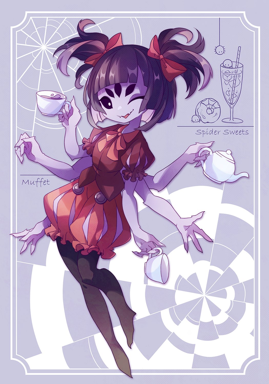 1girl arthropod_girl black_sclera black_thighhighs blunt_bangs border bow bowtie character_name colored_sclera colored_skin cup extra_arms extra_eyes fangs fewer_digits frilled_shorts frilled_sleeves frills full_body grey_background hair_bow highres holding holding_cup holding_teapot leg_up looking_at_viewer monster_girl muffet one_eye_closed open_mouth oshino_no puffy_short_sleeves puffy_shorts puffy_sleeves purple_hair purple_skin red_bow red_bowtie red_shirt red_shorts shirt short_bangs short_hair short_sleeves short_twintails shorts simple_background skin_fangs smile solo spider_girl spider_web_print teacup teapot thigh-highs twintails undertale