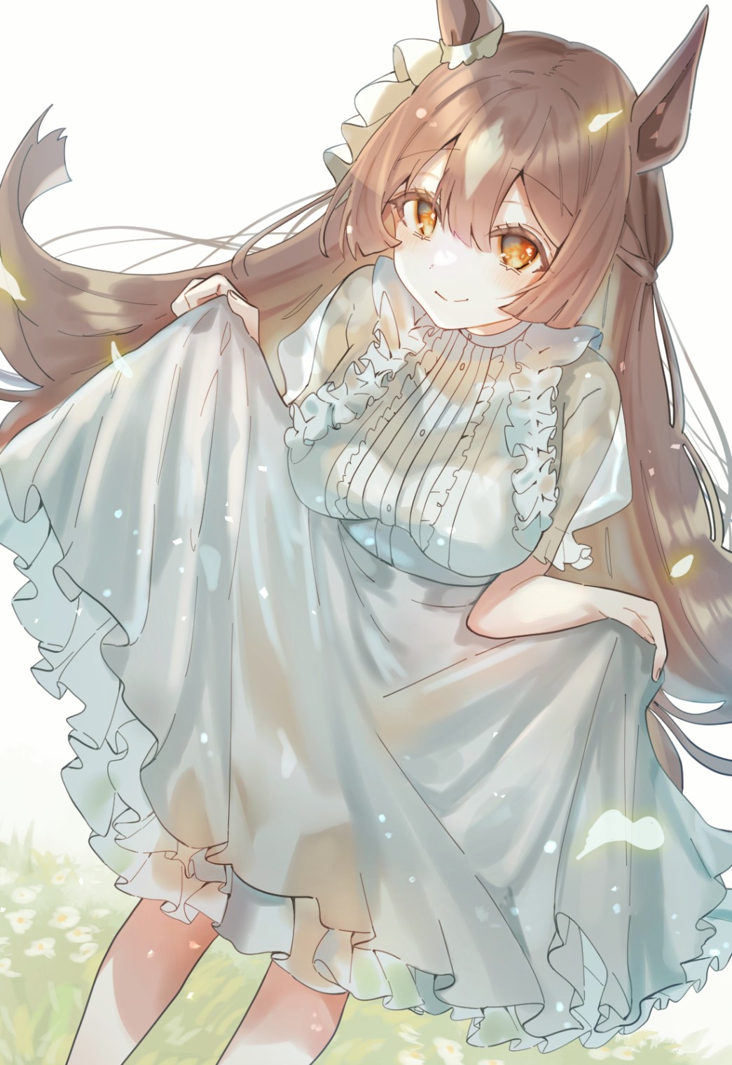 1girl animal_ears breasts brown_hair closed_mouth clothes_lift daisy dress dress_lift ear_ornament flower frilled_dress frilled_sleeves frills grass highres horse_ears horse_girl large_breasts lifted_by_self light_particles long_hair looking_at_viewer orange_eyes satono_diamond_(umamusume) see-through see-through_sleeves short_sleeves smile solo standing ueruko umamusume white_background white_dress