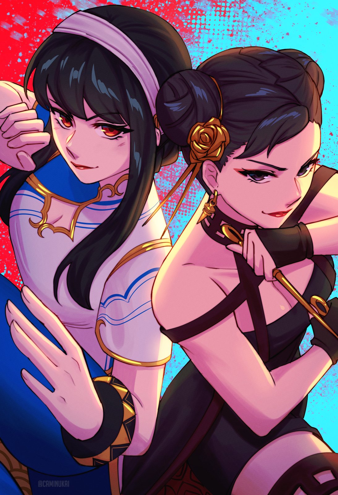 2girls alternate_costume black_dress black_eyes black_hair blue_dress blue_pants caminukai china_dress chinese_clothes chun-li chun-li_(cosplay) closed_mouth commentary cosplay costume_switch crossover dagger double_bun dress earrings english_commentary gold_trim hair_bun hair_ornament hairband highres holding holding_dagger holding_knife holding_weapon jewelry knife lips lipstick long_hair looking_at_viewer makeup multiple_girls pants red_eyes red_lips short_sleeves sleeveless sleeveless_dress smile spy_x_family stiletto_(weapon) street_fighter street_fighter_6 twitter_username weapon white_hairband yor_briar yor_briar_(cosplay)