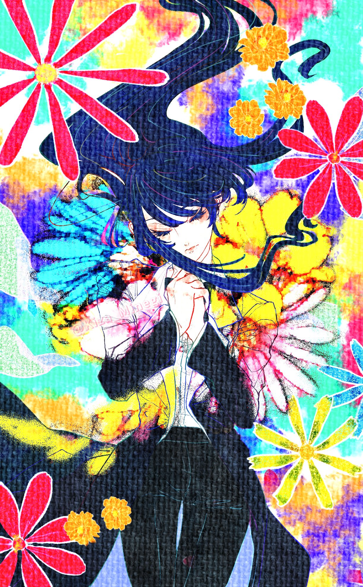 1girl ado_(utaite) black_bow black_bowtie black_coat blue_hair bow bowtie chando_(ado) closed_eyes closed_mouth cloud_nine_inc coat commentary_request dress_shirt floating_hair flower highres kimi_no_taion_(vocaloid) kiza_minegi long_sleeves open_clothes open_coat own_hands_clasped own_hands_together shirt sidelocks solo utaite white_shirt