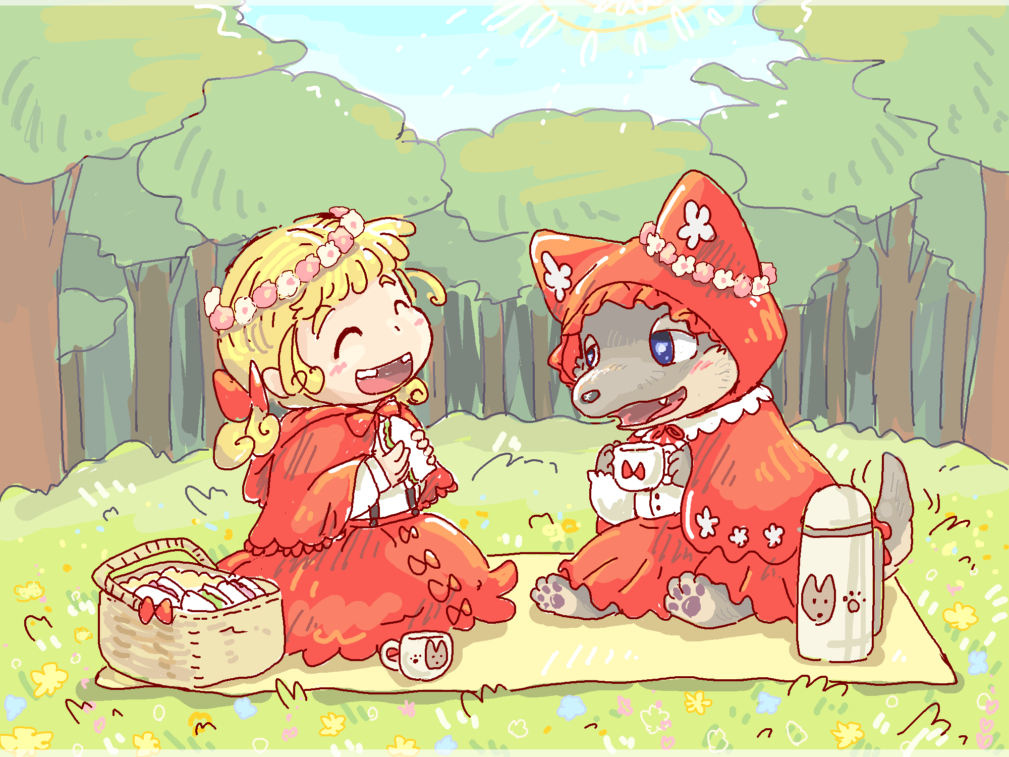 1boy 1girl ^_^ big_bad_wolf blanket blonde_hair closed_eyes cup food furry furry_male grass greyscale happy head_wreath highres holding holding_cup holding_food hood kumori_nohi little_red_riding_hood little_red_riding_hood_(grimm) missing_tooth monochrome mug open_mouth outdoors pawpads picnic picnic_basket sandwich sitting thermos tree wolf