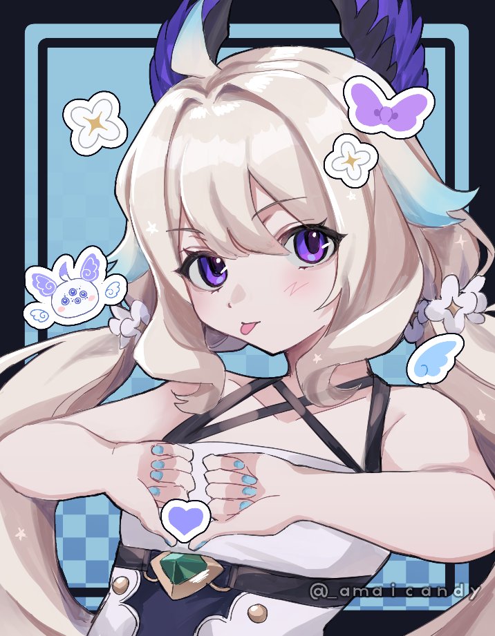 1girl amai_(amaicandy) blonde_hair blue_nails commentary english_commentary enna_alouette enna_alouette_(1st_costume) flower hair_flower hair_ornament head_wings heart low_twintails nijisanji nijisanji_en petite solo tongue tongue_out twintails twitter_username upper_body violet_eyes virtual_youtuber wings