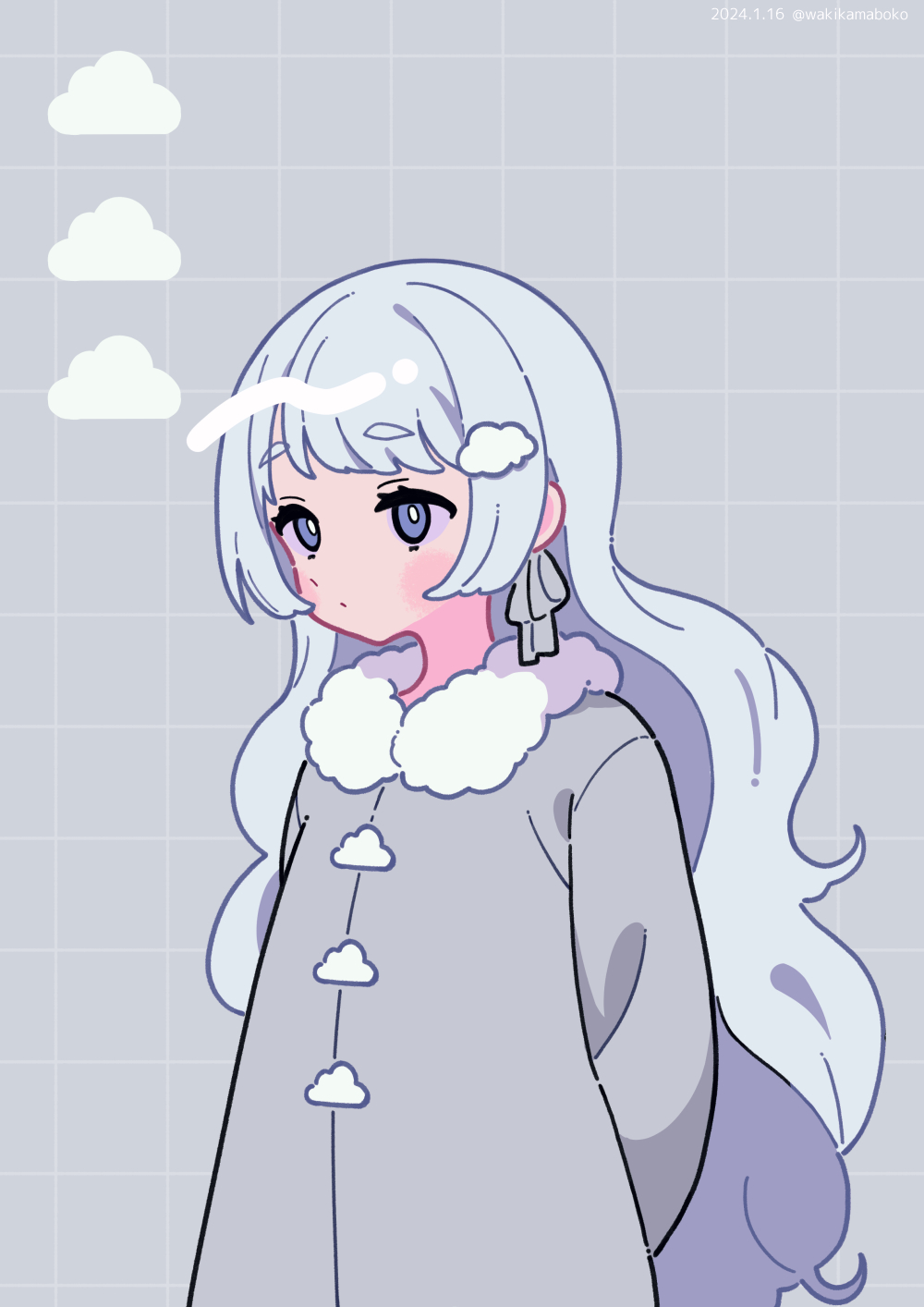 1girl arms_behind_back blue_eyes blush_stickers closed_mouth coat commentary dated fur-trimmed_coat fur_trim grey_background grey_coat grey_hair highres long_hair neki_(wakiko) original short_eyebrows solo thick_eyebrows twitter_username very_long_hair
