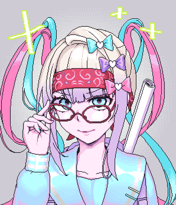 1girl adjusting_eyewear blue_bow blue_eyes blue_hair blue_shirt blunt_bangs bow chouzetsusaikawa_tenshi-chan closed_mouth eencya glasses grey_background hair_bow hand_up headband long_hair long_sleeves looking_at_viewer multicolored_hair nail_polish needy_girl_overdose official_art otaku pink_bow pink_hair pink_lips pixel_art purple_bow quad_tails red-framed_eyewear red_headband sailor_collar second-party_source shirt smile solo sparkle upper_body white_hair