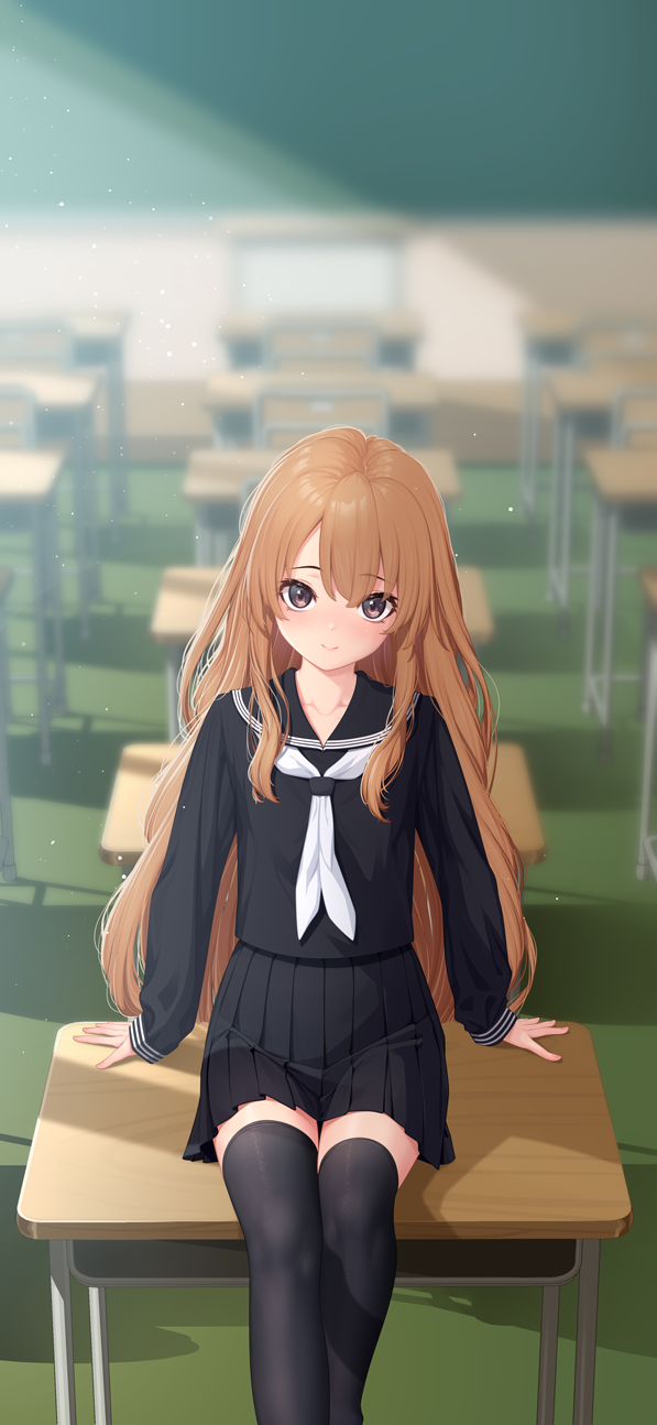 1girl aisaka_taiga black_sailor_collar black_serafuku black_shirt black_skirt black_thighhighs blurry blurry_background brown_eyes brown_hair classroom closed_mouth collarbone commentary_request cyelho desk feet_out_of_frame highres indoors light_blush long_hair long_sleeves looking_at_viewer neckerchief on_desk partial_commentary pleated_skirt sailor_collar school_desk school_uniform serafuku shirt sitting skirt sleeves_past_wrists smile solo thigh-highs toradora! very_long_hair white_neckerchief