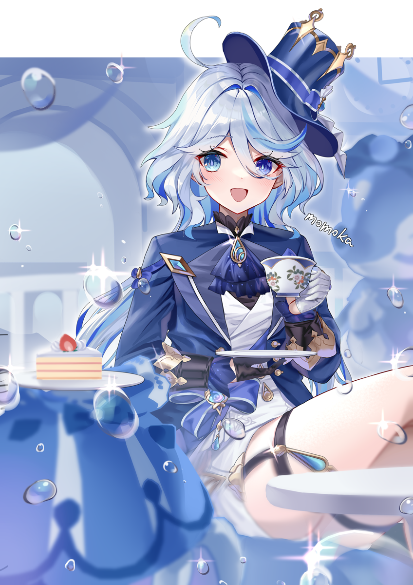 1girl :d ahoge artist_name ascot asymmetrical_gloves black_gloves blue_ascot blue_eyes blue_hair blue_headwear cake commentary cup food furina_(genshin_impact) genshin_impact gloves hair_between_eyes hat heterochromia highres holding holding_cup holding_plate mismatched_gloves multicolored_hair open_mouth plate sakurai_momoka_no_musuko sitting smile solo thigh_strap thighs two-tone_hair white_gloves white_hair