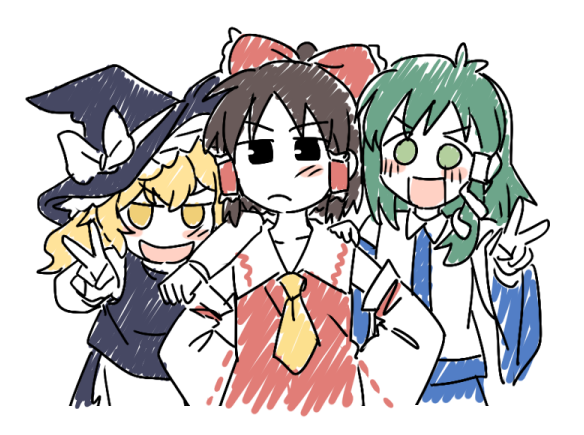 3girls apron arm_on_another's_shoulder ascot blonde_hair blush bow closed_mouth detached_sleeves frilled_bow frilled_hair_tubes frills green_eyes green_hair hair_bow hair_ornament hair_tubes hakurei_reimu hand_on_another's_shoulder hands_on_own_hips hat hat_bow kirisame_marisa kochiya_sanae long_hair looking_at_viewer multiple_girls open_mouth re_ghotion red_bow short_hair simple_background single_hair_tube smile snake_hair_ornament touhou v waist_apron white_background white_bow witch_hat yellow_ascot yellow_eyes