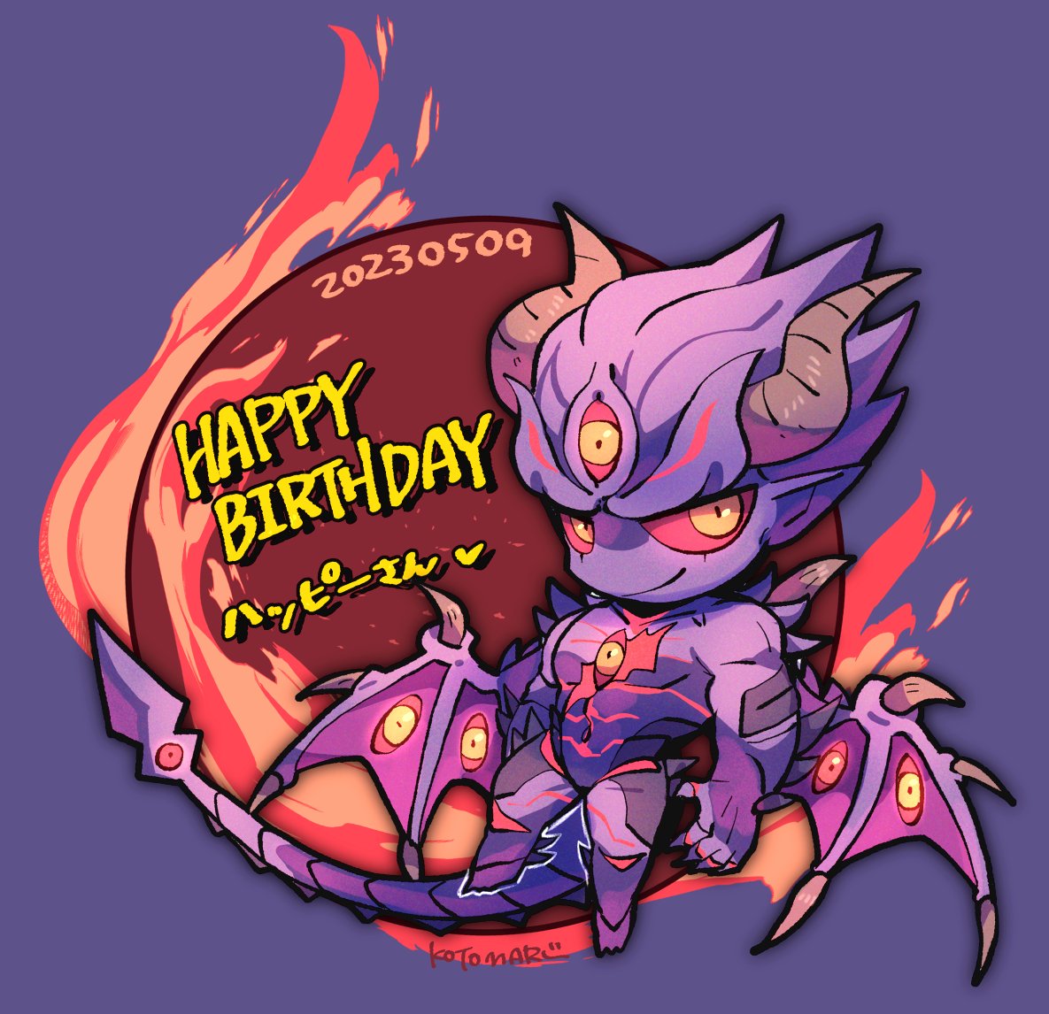 1boy closed_mouth colored_sclera colored_skin dated demon_boy demon_tail extra_eyes fingernails fire full_body grey_horns happy_birthday horns kotorai mishima_kazuya navel no_nose pointy_ears purple_background purple_skin purple_wings red_sclera scar scar_on_chest scar_on_leg sharp_fingernails signature smile solo tail tekken third_eye_on_chest wing_eyes wings
