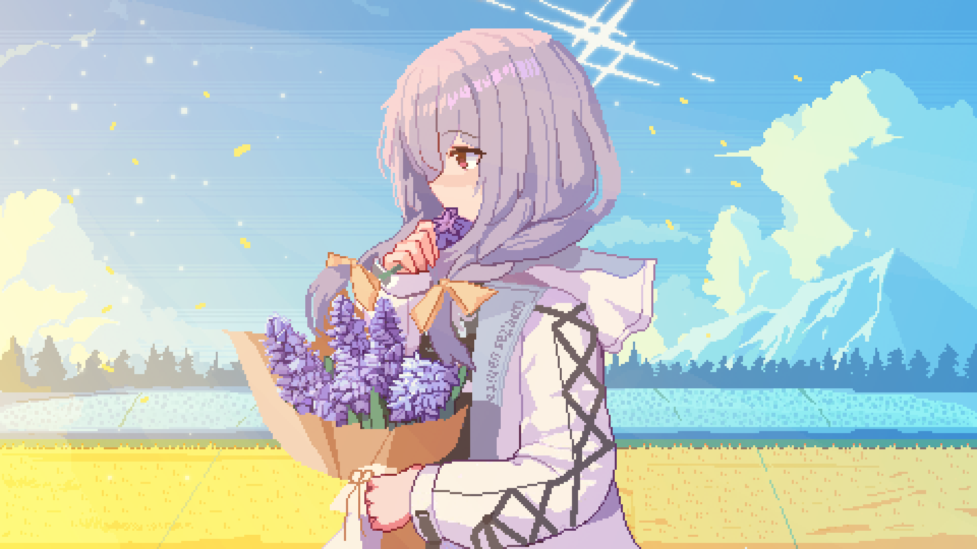 1girl atsuko_(blue_archive) blue_archive bouquet braid day flower from_side halo highres holding holding_bouquet hood hood_down hooded_jacket jacket long_hair long_sleeves open_mouth outdoors pixel_art purple_flower purple_hair red_eyes solo tinia_etru twin_braids upper_body white_jacket