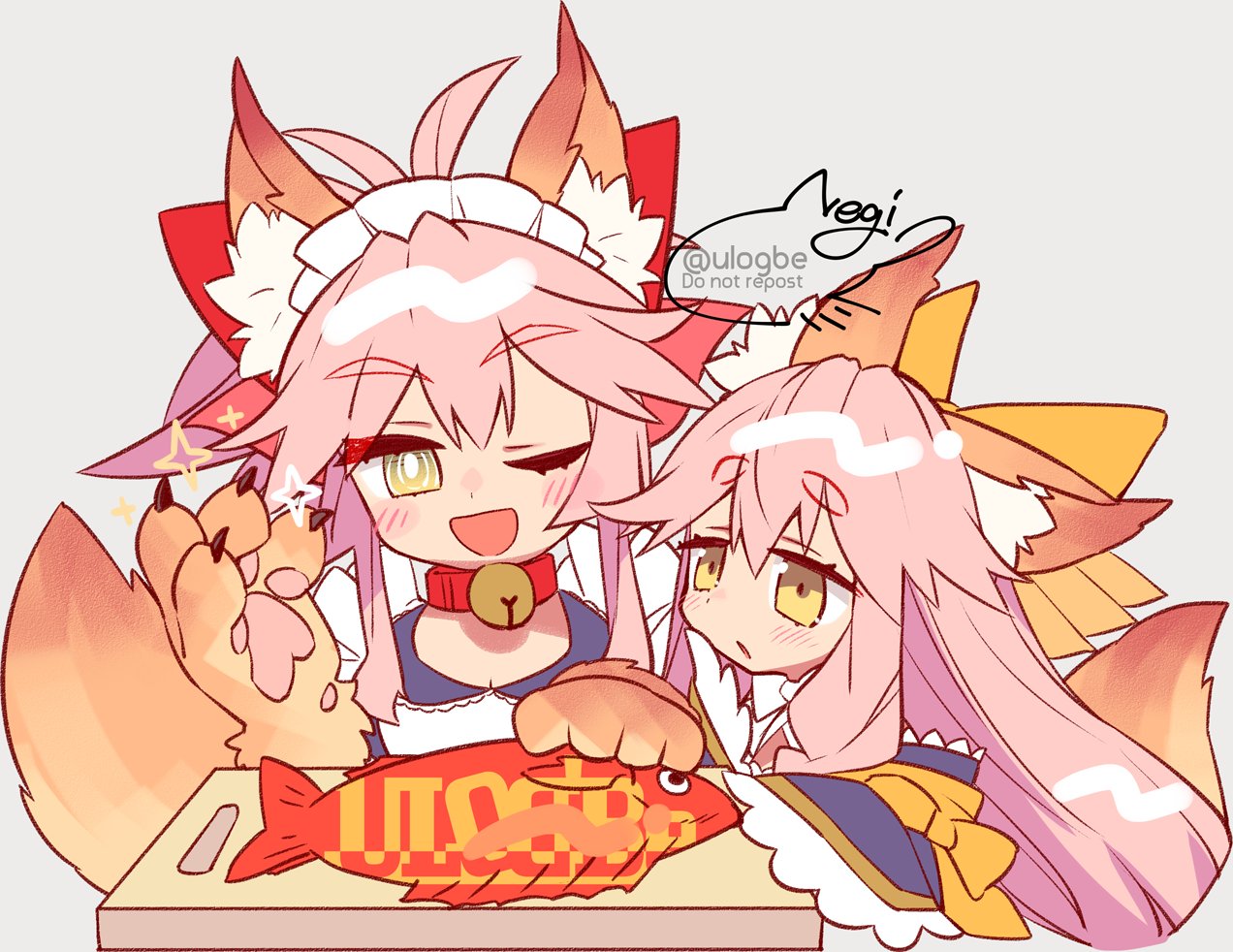 animal_ear_fluff animal_ears animal_hands bell blush cat_paws cutting_board fate/grand_order fate/samurai_remnant fate_(series) fish fox_ears fox_girl fox_tail japanese_clothes kimono long_hair neck_bell negi_(ulog'be) one_eye_closed pink_hair tail tamamo_(fate) tamamo_aria_(fate) tamamo_cat_(fate) tamamo_cat_(third_ascension)_(fate) yellow_eyes