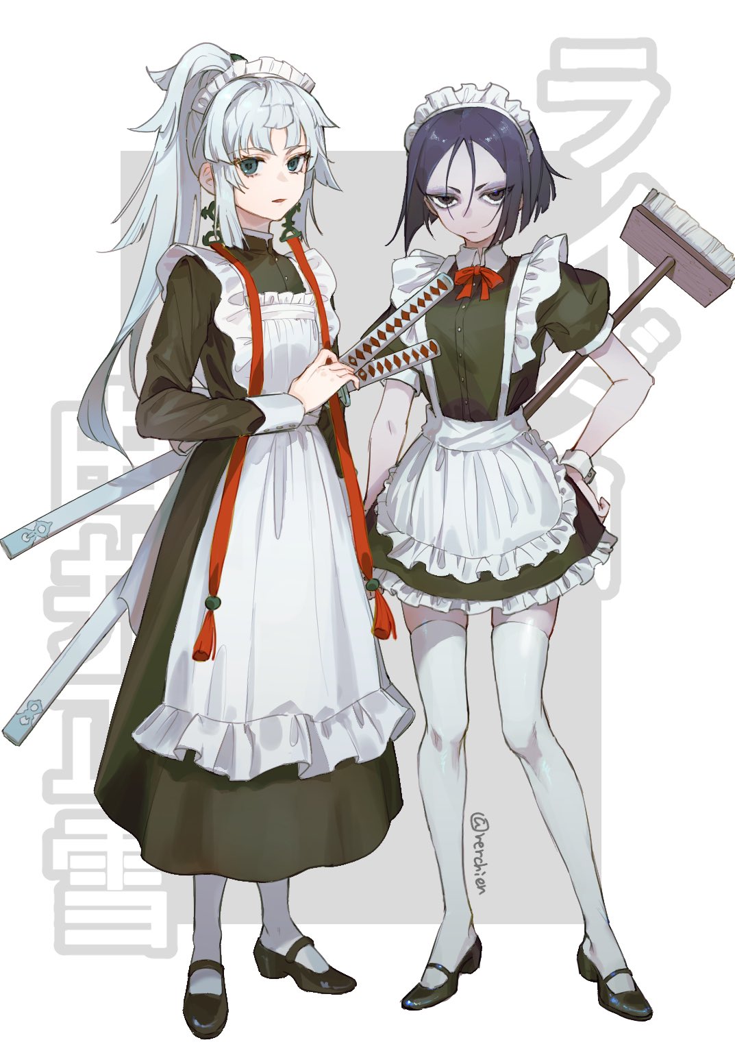 2girls alternate_costume apron black_dress black_footwear blue_eyes colored_skin dress earrings enmaided fate/grand_order fate/samurai_remnant fate_(series) frilled_apron frills grey_skin high_ponytail highres jewelry katana long_hair maid maid_apron maid_headdress mary_janes mop multiple_girls neck_ribbon parted_bangs puffy_short_sleeves puffy_sleeves red_ribbon rerchien ribbon rider_(fate/samurai_remnant) sheath sheathed shoes short_hair short_sleeves sword tassel tassel_earrings thigh-highs waist_apron weapon white_apron white_hair white_wrist_cuffs yui_shousetsu_(fate)