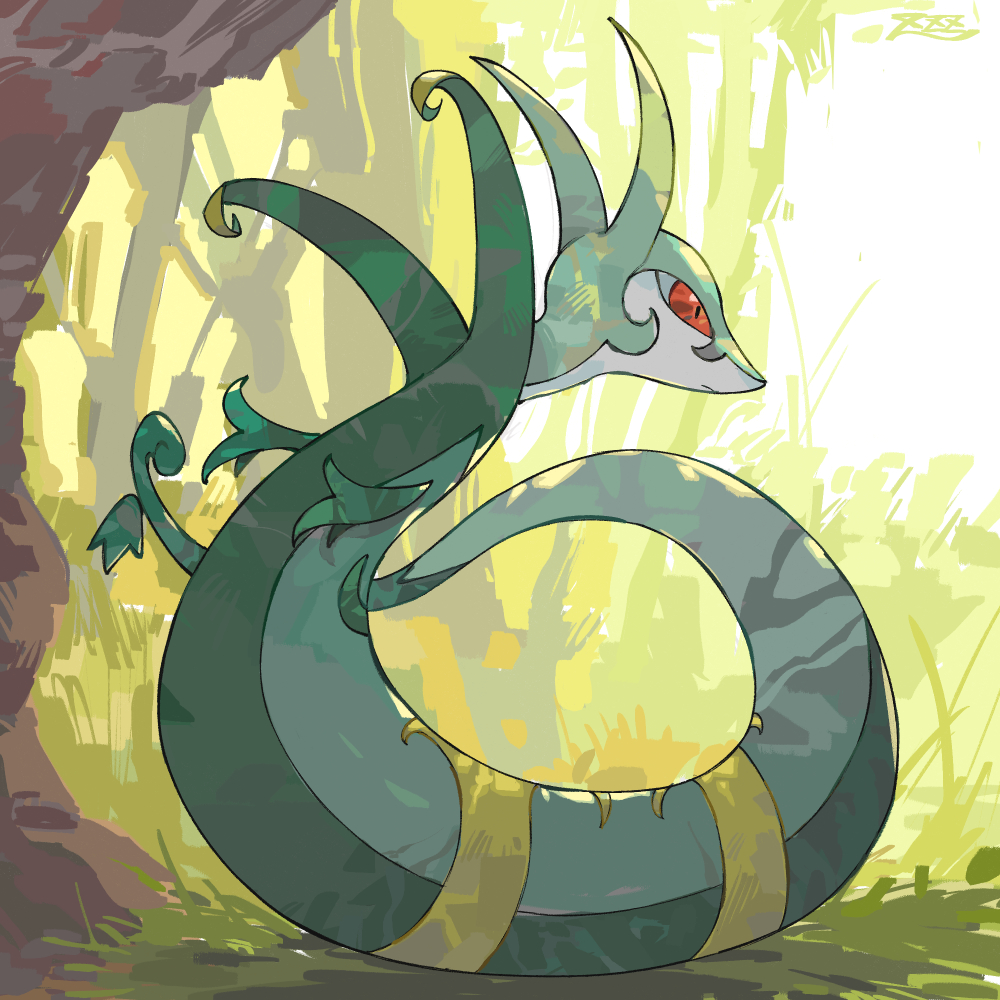 animal_focus closed_mouth commentary_request day from_side full_body grass no_humans outdoors oyasuminjyutsu pokemon pokemon_(creature) serperior snake solo