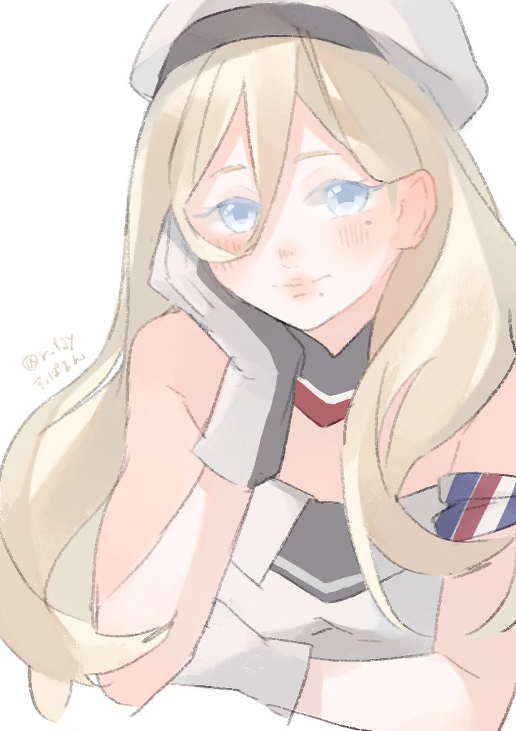 1girl beret blonde_hair blue_eyes dress gloves hair_between_eyes hat kantai_collection long_hair looking_at_viewer mole mole_under_eye mole_under_mouth multicolored_clothes multicolored_gloves one-hour_drawing_challenge richelieu_(kancolle) simple_background solo strapless strapless_dress suppaman_(rfjy) two-tone_gloves upper_body white_background white_dress white_headwear