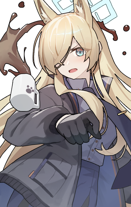 1girl animal_ear_fluff animal_ears black_gloves blonde_hair blue_archive blue_eyes blue_halo blue_necktie blue_shirt blue_skirt coffee coffee_mug collared_shirt cup dog_ears extra_ears fantasyismyname gloves hair_over_one_eye halo kanna_(blue_archive) long_hair long_sleeves looking_at_viewer mug necktie open_mouth police police_uniform policewoman shirt simple_background skirt solo spilling uniform white_background