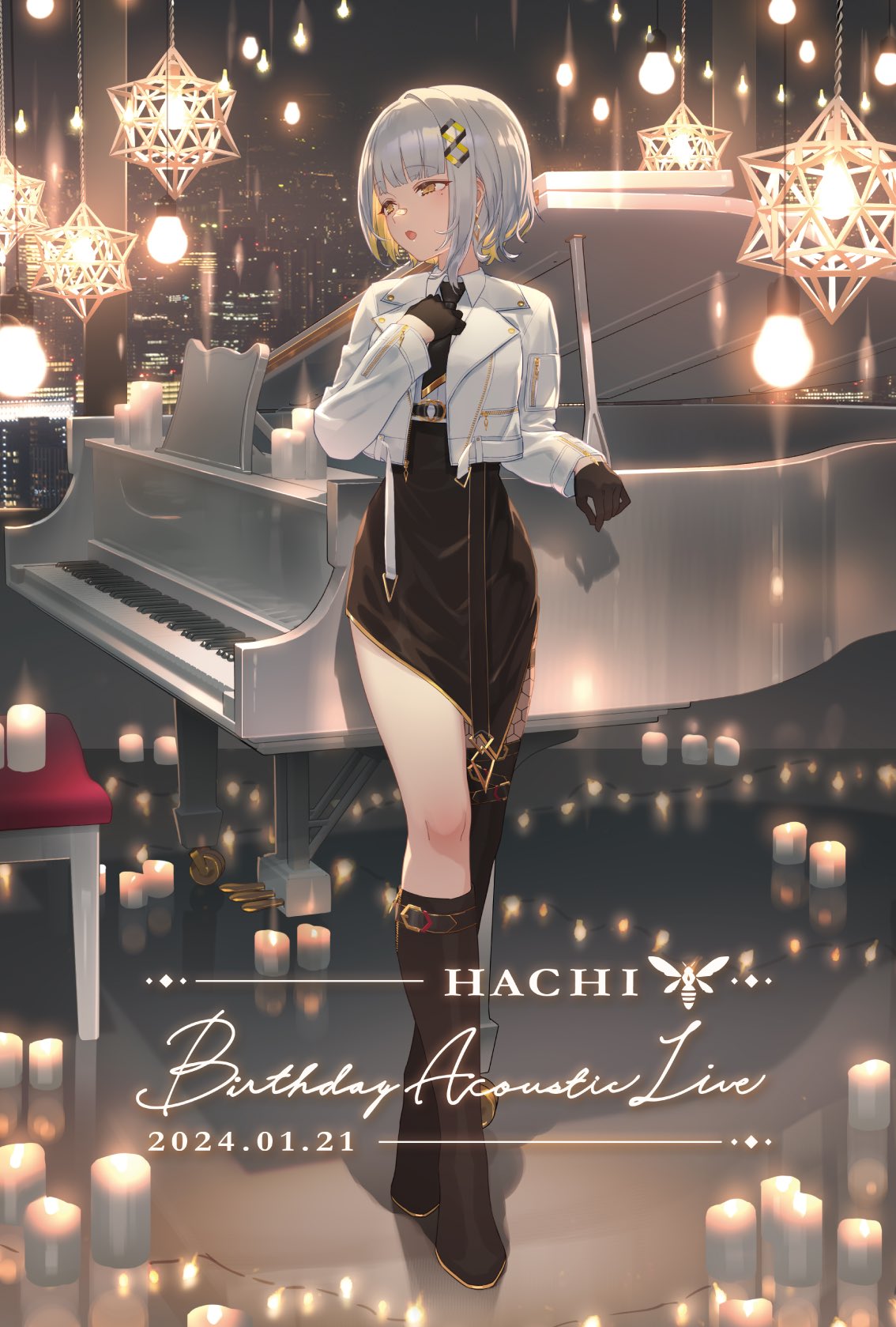 1girl bandaid bandaid_on_face bandaid_on_nose belt black_gloves black_necktie black_skirt boots candle collared_shirt colored_inner_hair cropped_jacket full_body gloves grand_piano hachi_(live_union) hair_ornament hand_up highres indoors infinity_symbol instrument izumi_sai jacket knee_boots light_bulb live_union looking_to_the_side mole mole_under_eye multicolored_hair multiple_belts necktie night official_art open_clothes open_mouth piano shirt short_hair single_knee_boot single_thigh_boot single_thighhigh skirt solo standing thigh-highs thigh_boots two-tone_hair virtual_youtuber white_jacket white_shirt yellow_eyes zipper