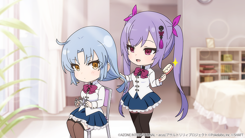 2girls ahoge assault_lily bed black_thighhighs blue_hair blue_skirt blurry blurry_background blush bow bowtie brown_pantyhose brown_thighhighs brushing_another's_hair brushing_hair chair chibi closed_mouth day feet_out_of_frame frilled_skirt frills garter_straps hair_brush hair_down hair_ornament hair_ribbon hands_up herensuge_girls_academy_school_uniform holding holding_another's_hair holding_hair_brush holding_hair_ornament indoors jacket long_hair long_sleeves looking_at_another makino_mitake matsumura_fuuka miniskirt multiple_girls official_art on_chair pantyhose parted_bangs parted_lips pink_eyes pink_ribbon plant pleated_skirt purple_hair red_bow red_bowtie ribbon school_uniform shelf sitting skirt smile sparkle standing sunlight tassel tassel_hair_ornament thigh-highs thighhighs_over_pantyhose twintails unworn_hair_ornament watermark white_jacket yellow_eyes