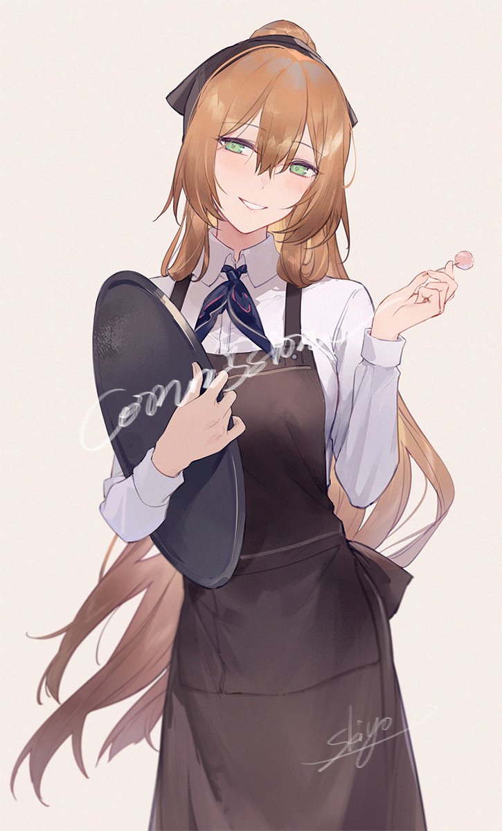 1girl apron artist_name blush brown_apron brown_hair candy collared_shirt commission cowboy_shot food girls_frontline green_eyes hair_between_eyes highres holding holding_candy holding_food holding_lollipop holding_tray kistina light_brown_background lollipop long_hair looking_at_viewer neckerchief parted_lips shirt smile solo springfield_(girls'_frontline) tray white_shirt