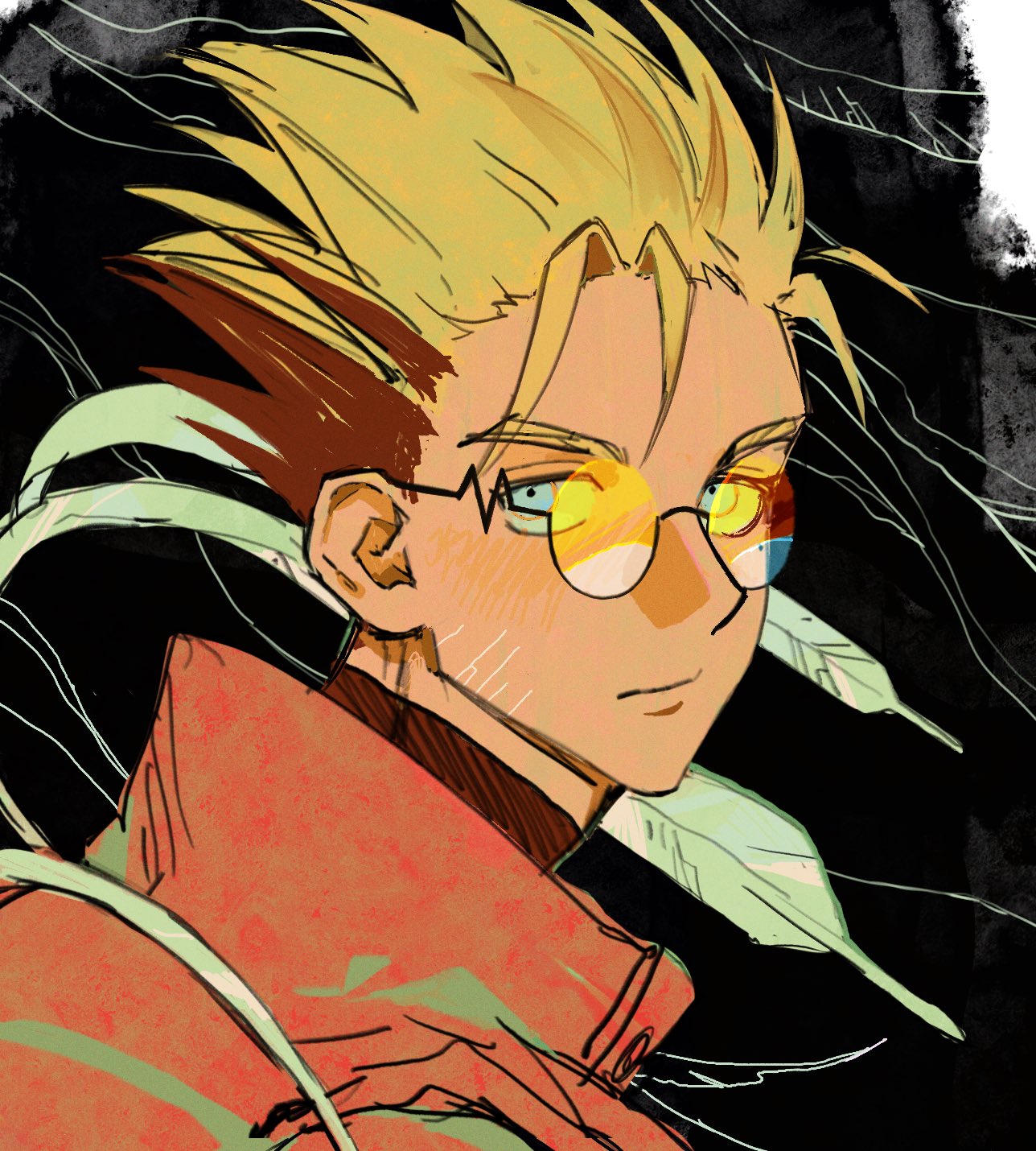 1boy abstract_background black_background blonde_hair blue_eyes closed_mouth from_side glasses highres jacket looking_to_the_side mole mole_under_eye mong_120 orange-tinted_eyewear portrait red_jacket round_eyewear simple_background solo tinted_eyewear trigun undercut vash_the_stampede