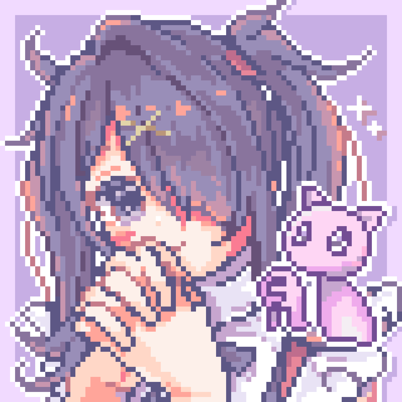 1girl 4_74obake ame-chan_(needy_girl_overdose) cat collared_shirt hair_ornament hair_over_one_eye hands_up highres interlocked_fingers long_hair looking_at_viewer needy_girl_overdose outline own_hands_together pien_cat_(needy_girl_overdose) pixel_art purple_background shirt solo sparkle twintails upper_body violet_eyes white_outline x_hair_ornament
