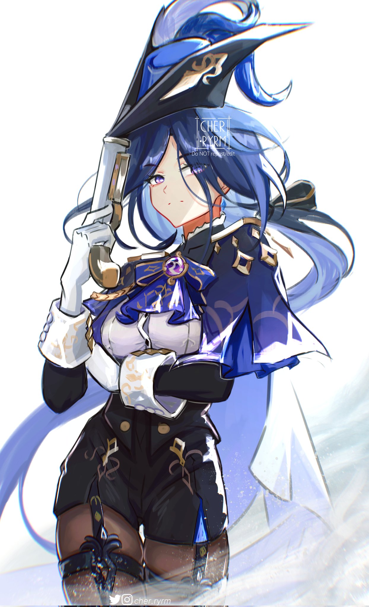 1girl ascot black_corset blue_ascot blue_cape blue_hair blue_headwear breasts cape clorinde_(genshin_impact) closed_mouth corset dangle_earrings dark_blue_hair earrings english_commentary epaulettes fold-over_gloves genshin_impact gloves gun hat hat_feather highres holding holding_gun holding_weapon iron_sting_(genshin_impact) jewelry large_breasts long_hair looking_at_viewer low_ponytail musket pantyhose purple_ascot ryrmcher shirt simple_background tricorne violet_eyes vision_(genshin_impact) weapon white_background white_gloves white_shirt