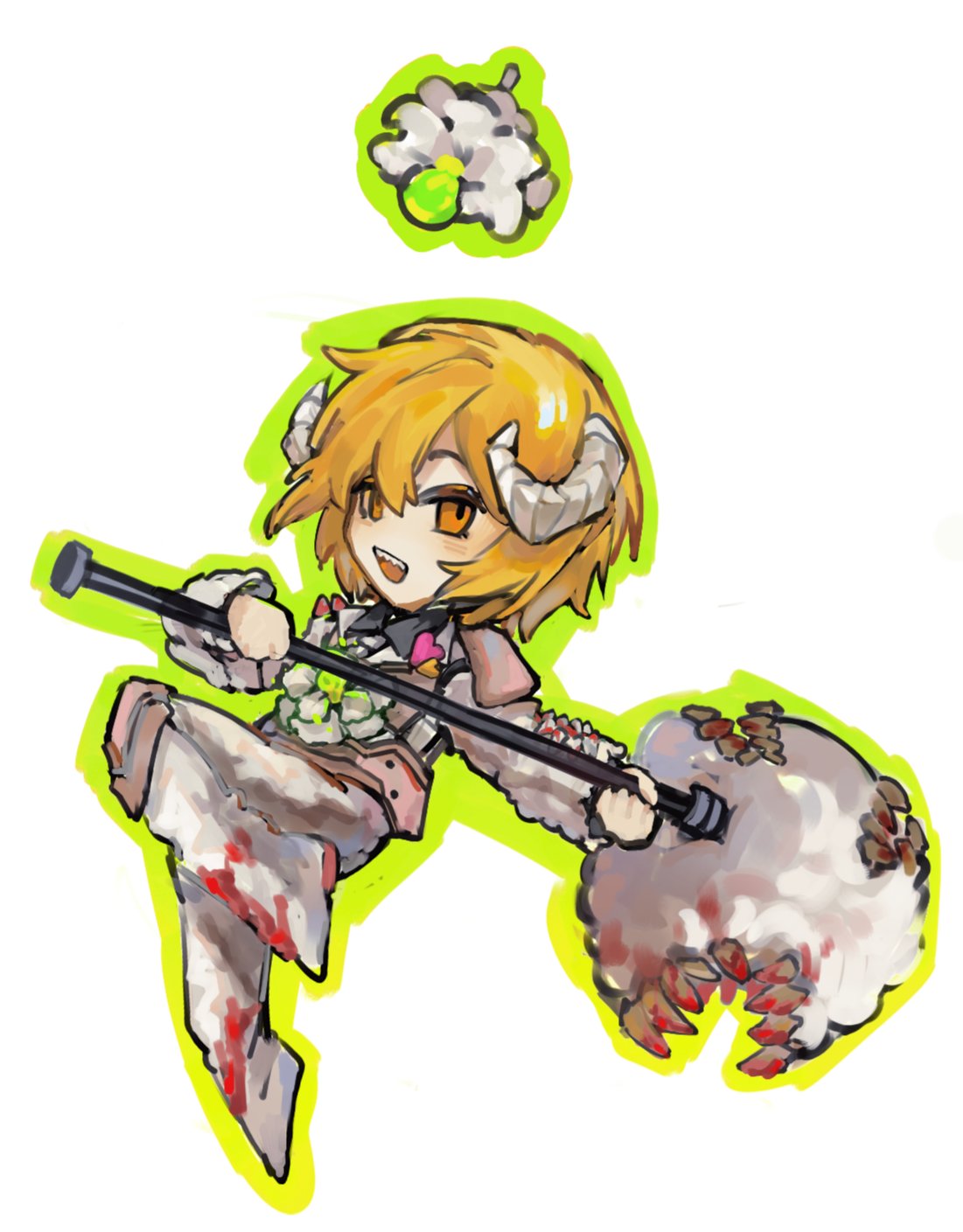 1girl blonde_hair blood blood_on_clothes don_quixote_(project_moon) e.g.o_(project_moon) fur_jacket fur_pants highres holding holding_weapon horns jacket limbus_company lobotomy_corporation looking_at_viewer meat_lantern_(project_moon) open_mouth project_moon roier sharp_teeth short_hair simple_background smile solo teeth weapon white_background yellow_eyes