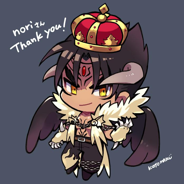 1boy bare_pectorals belt black_hair black_pants black_wings brown_belt chain chest_tattoo chibi claws crown devil_jin forehead_jewel grey_background kazama_jin kotorai no_nose pants pectorals simple_background smile solo tattoo tekken thank_you thick_eyebrows v-shaped_eyebrows wings yellow_eyes