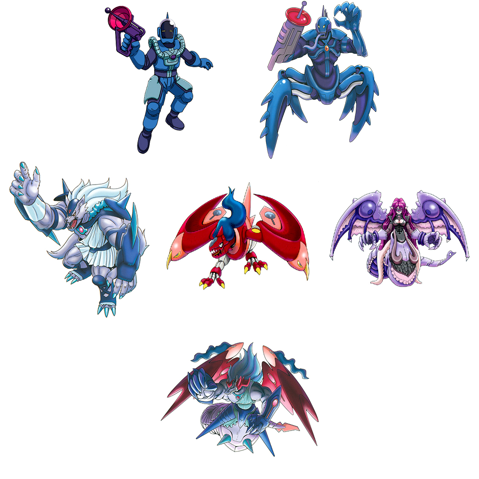 armor belt claws digimon digimon_story:_lost_evolution energy_gun eraser_(digimon) ex-eraser_alpha ex-eraser_beta ex-eraser_gamma ex-eraser_omega fusion lamia long_hair looking_at_viewer mask monster_girl official_art open_mouth ray_gun sharp_teeth shift_eraser simple_background spikes tail teeth third-party_edit weapon white_background wings