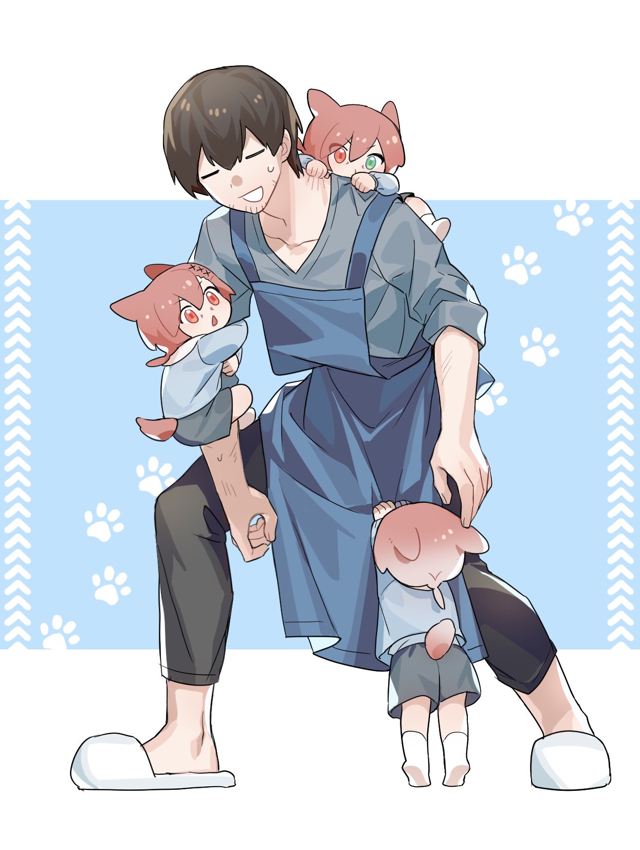 4boys :o =_= adventurer_(ff14) alternate_costume animal_ears apron arm_hug beard_stubble black_pants blue_apron blue_background blue_shirt brown_hair carrying carrying_person cat_boy cat_ears cat_tail chibi clinging closed_eyes clothes_grab collarbone facing_viewer final_fantasy final_fantasy_xiv full_body g'raha_tia gradient_hair green_eyes grey_shirt grey_shorts hair_ornament heterochromia highres hyur kneehighs leaning_back legs_apart low_ponytail male_focus mini_person miniboy miqo'te multicolored_hair multiple_boys multiple_persona nervous_smile pants paw_print paw_print_background piggyback red_eyes redhead scratches shirt short_hair short_ponytail shorts simple_background size_difference slippers smile socks standing sweatdrop tail tiptoes triangle_mouth warrior_of_light_(ff14) white_background white_footwear white_socks x_hair_ornament zhongffuse