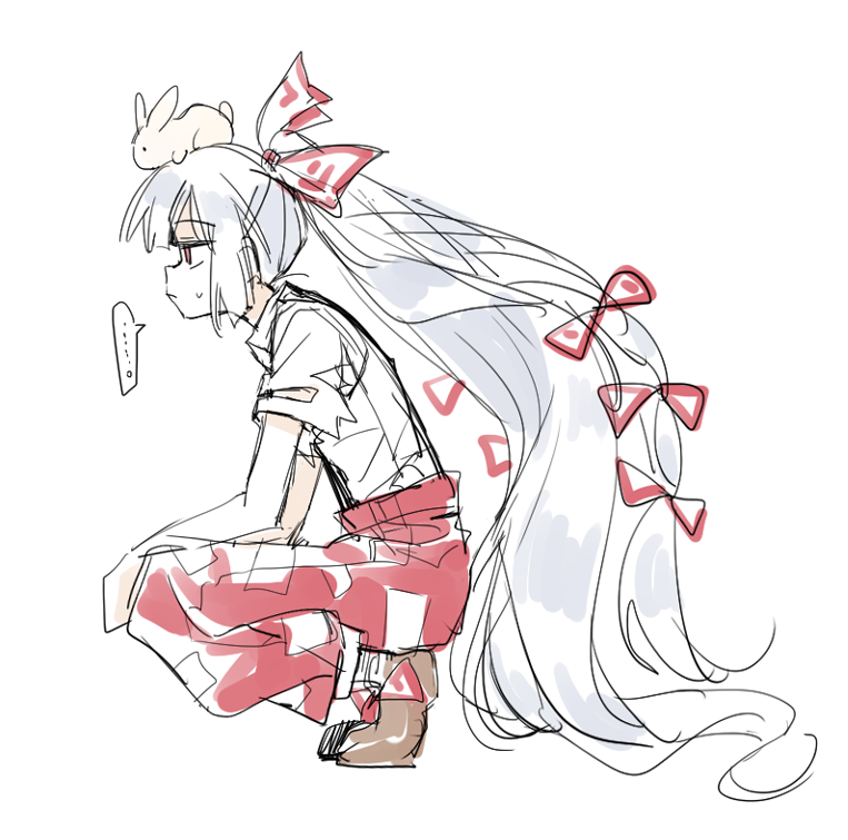 ... 1girl animal_on_head bow closed_mouth fujiwara_no_mokou grey_hair hair_bow long_hair ofuda ofuda_on_clothes on_head pants rabbit re_ghotion red_bow red_eyes red_pants shirt short_sleeves speech_bubble sweatdrop touhou very_long_hair white_shirt
