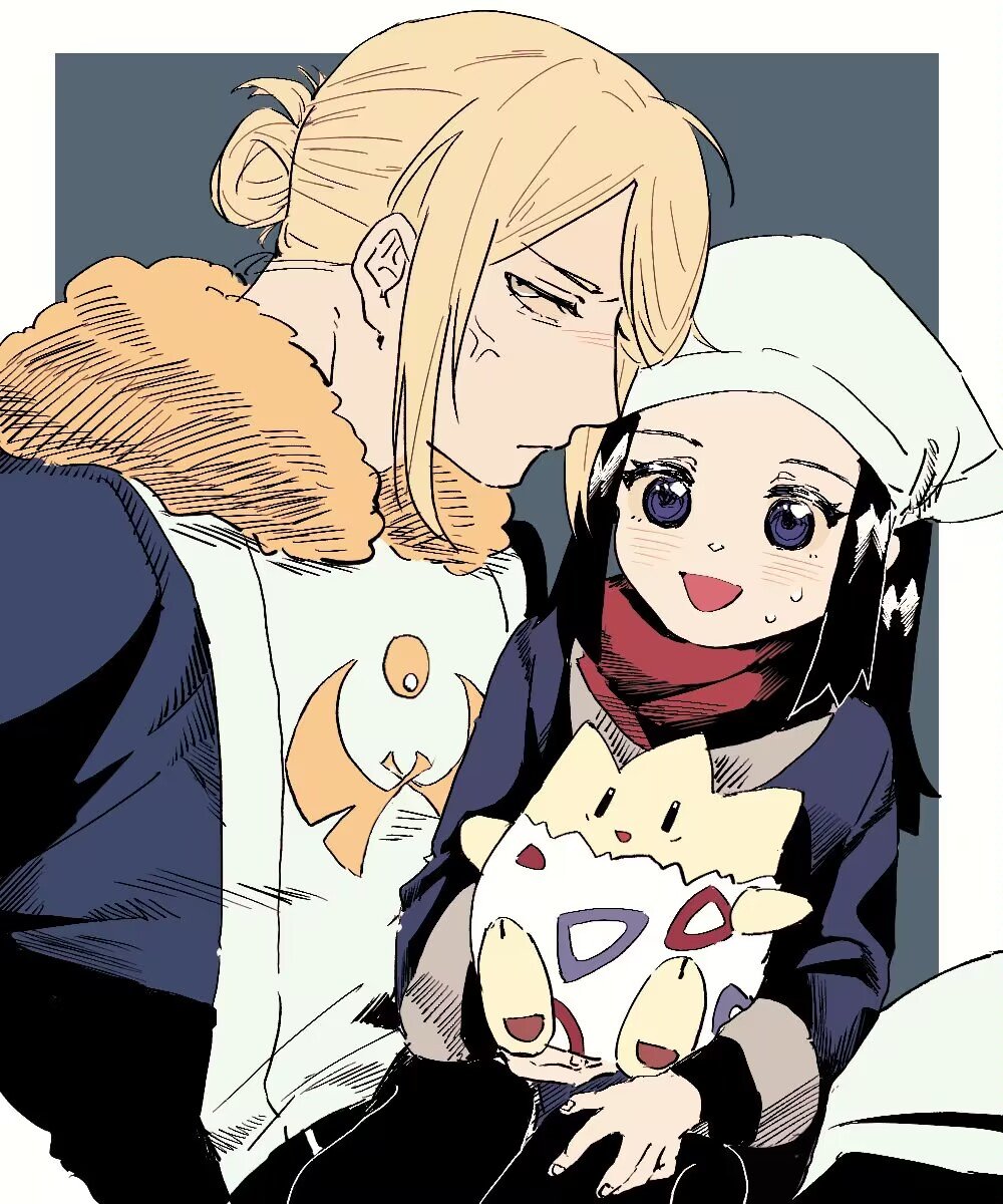 12764erqing 1boy 1girl akari_(pokemon) anger_vein black_eyes blonde_hair blue_eyes blue_hair chinese_commentary commentary_request hair_over_one_eye head_scarf highres long_hair looking_at_viewer nervous_smile pokemon pokemon_(creature) pokemon_legends:_arceus red_scarf scarf short_hair sitting sitting_on_lap sitting_on_person smile sweat togepi volo_(pokemon) |_|