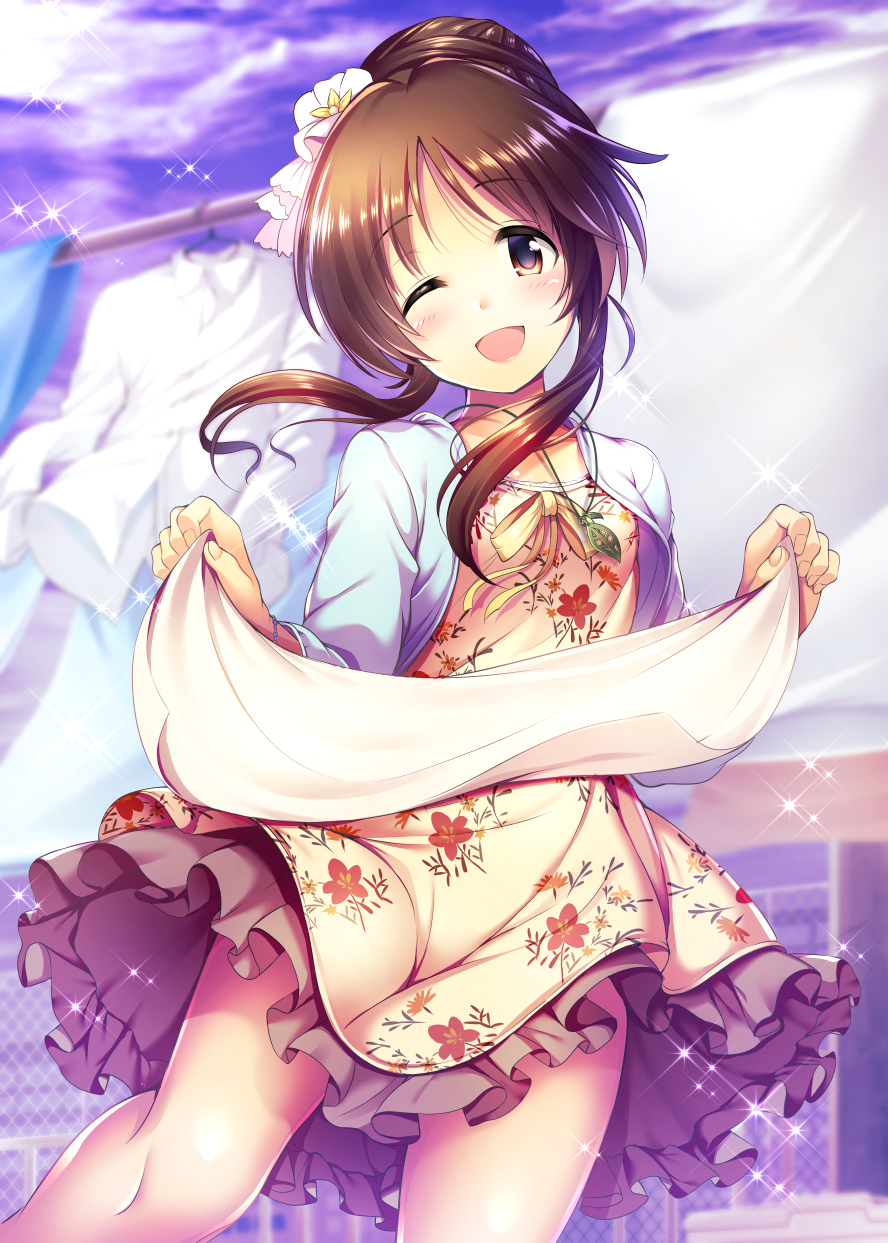 1girl blue_jacket blue_sky blurry blurry_background blush breasts brown_eyes brown_hair chain-link_fence cityscape clothes_lift clouds cowboy_shot day dot_nose dress fence floral_print flower frilled_dress frills hair_bun hair_flower hair_ornament hands_up highres holding holding_towel idolmaster idolmaster_cinderella_girls idolmaster_cinderella_girls_starlight_stage jacket long_hair long_sleeves looking_at_viewer ment neck_ribbon one_eye_closed open_clothes open_jacket open_mouth ponytail print_dress ribbon sidelocks single_hair_bun skirt skirt_lift sky small_breasts smile solo sparkle standing takamori_aiko towel white_flower white_towel yellow_dress yellow_ribbon