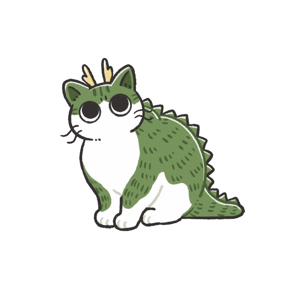 animal animal_focus cat commentary dragon dragon_tail full_body fusion green_cat horns iguana_taisa no_humans original sitting solo symbol-only_commentary tail white_background white_cat