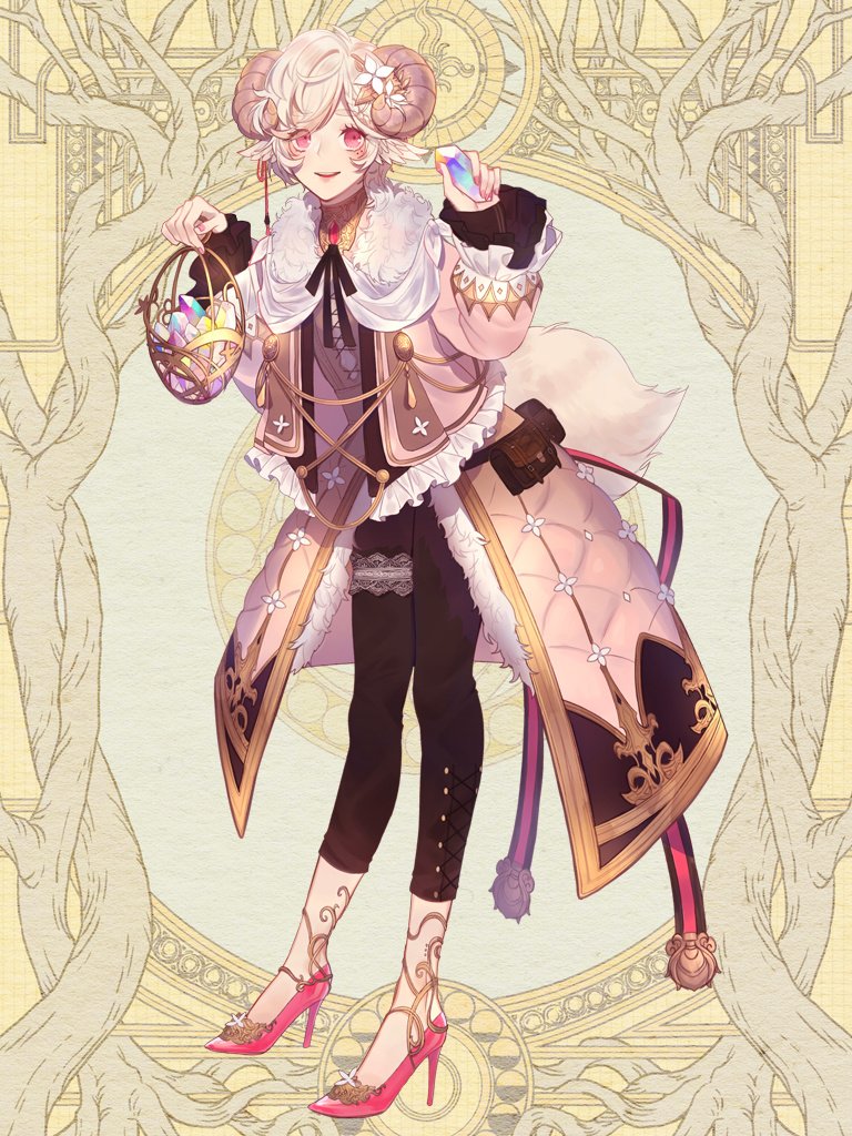 1boy ame_tyaya basket belt_pouch black_pants black_ribbon blonde_hair bridal_garter coat cross-laced_clothes curled_horns dairoku_ryouhei flower flower_ornament frilled_jacket frilled_sleeves frills full_body fur-trimmed_coat fur_trim gem gold_trim hair_flower hair_ornament hands_up head_wings high_heels holding holding_basket holding_gem horns jacket leaning_forward long_sleeves looking_at_viewer male_focus mole mole_under_eye multiple_moles nail_polish neck_ribbon open_clothes open_jacket padded_coat pants parted_lips pink_coat pink_eyes pink_footwear pink_jacket pink_nails pouch ribbon sheep_boy sheep_horns short_hair sleeves_past_wrists smile solo standing stiletto_heels swept_bangs tail teeth themed_object thick_eyebrows upper_teeth_only wings yellow_background