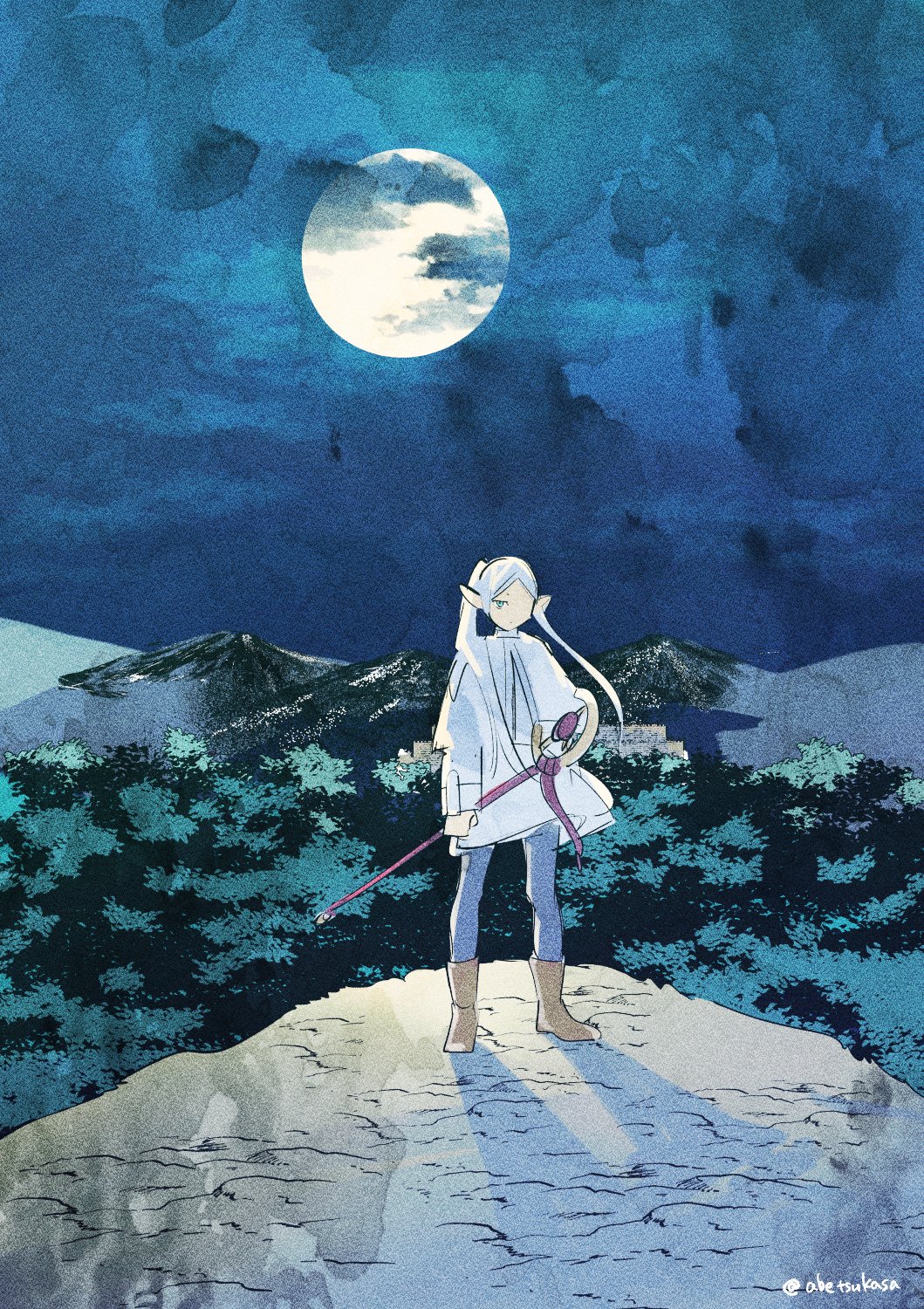 1girl abe_tsukasa blue_pantyhose boots brown_footwear capelet cliff clouds commentary_request dress elf forest fortress frieren green_eyes hair_over_shoulder highres holding holding_staff long_sleeves looking_at_viewer mage_staff moon mountain mountainous_horizon nature night night_sky pantyhose parted_bangs pointy_ears shadow short_eyebrows sketch sky solo sousou_no_frieren staff standing twintails twitter_username white_dress white_hair wind