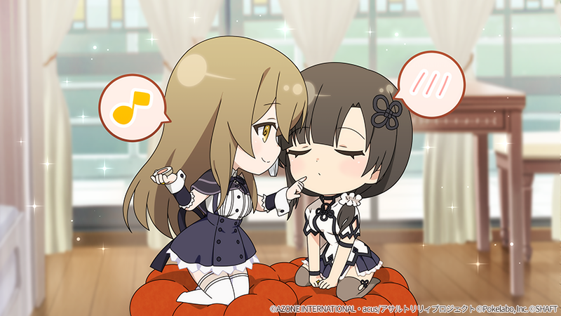 2girls applying_makeup arm_cutout arm_strap assault_lily black_capelet black_choker black_hair black_skirt blunt_bangs blurry blurry_background blush brown_hair brown_thighhighs capelet chair chibi choker closed_mouth clothing_cutout collared_shirt commentary_request cosmetics cushion day detached_sleeves eighth_note face-to-face facing_another flower_knot frilled_skirt frilled_sleeves frills hair_between_eyes hair_ornament hair_scrunchie hands_up high-waist_skirt holding indoors kneeling kuo_shenlin long_hair looking_at_another low_ponytail miniskirt multiple_girls musical_note no_shoes official_art pleated_skirt school_uniform scrunchie shirt short_sleeves side_ponytail side_slit sidelocks skirt smile sparkle spoken_blush spoken_musical_note suspender_skirt suspenders table tassel tassel_hair_ornament thigh-highs v_arms wang_yujia watermark white_scrunchie white_shirt white_thighhighs window wooden_floor wristband yellow_eyes yurigaoka_girls_academy_school_uniform