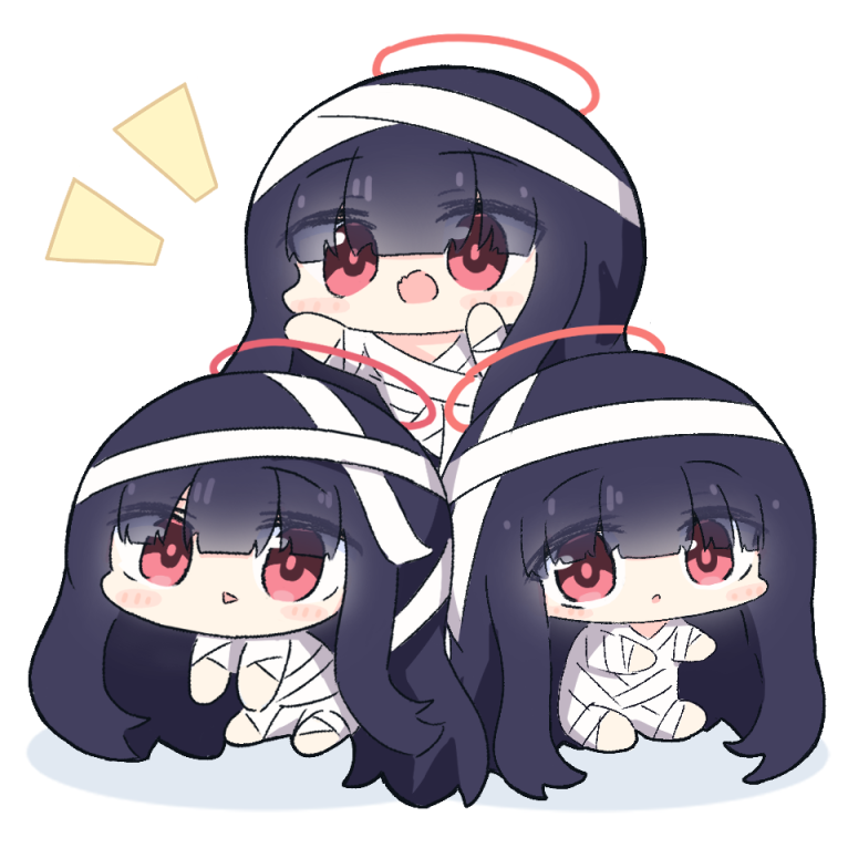 3girls bandages barefoot black_hair blue_archive blunt_bangs blush_stickers chibi commentary eyes_visible_through_hair halo hands_up justice_task_force_member_(blue_archive) long_hair looking_at_viewer multiple_girls mummy_costume no_nose open_mouth parted_lips red_eyes red_halo red_pupils sitting umihio very_long_hair