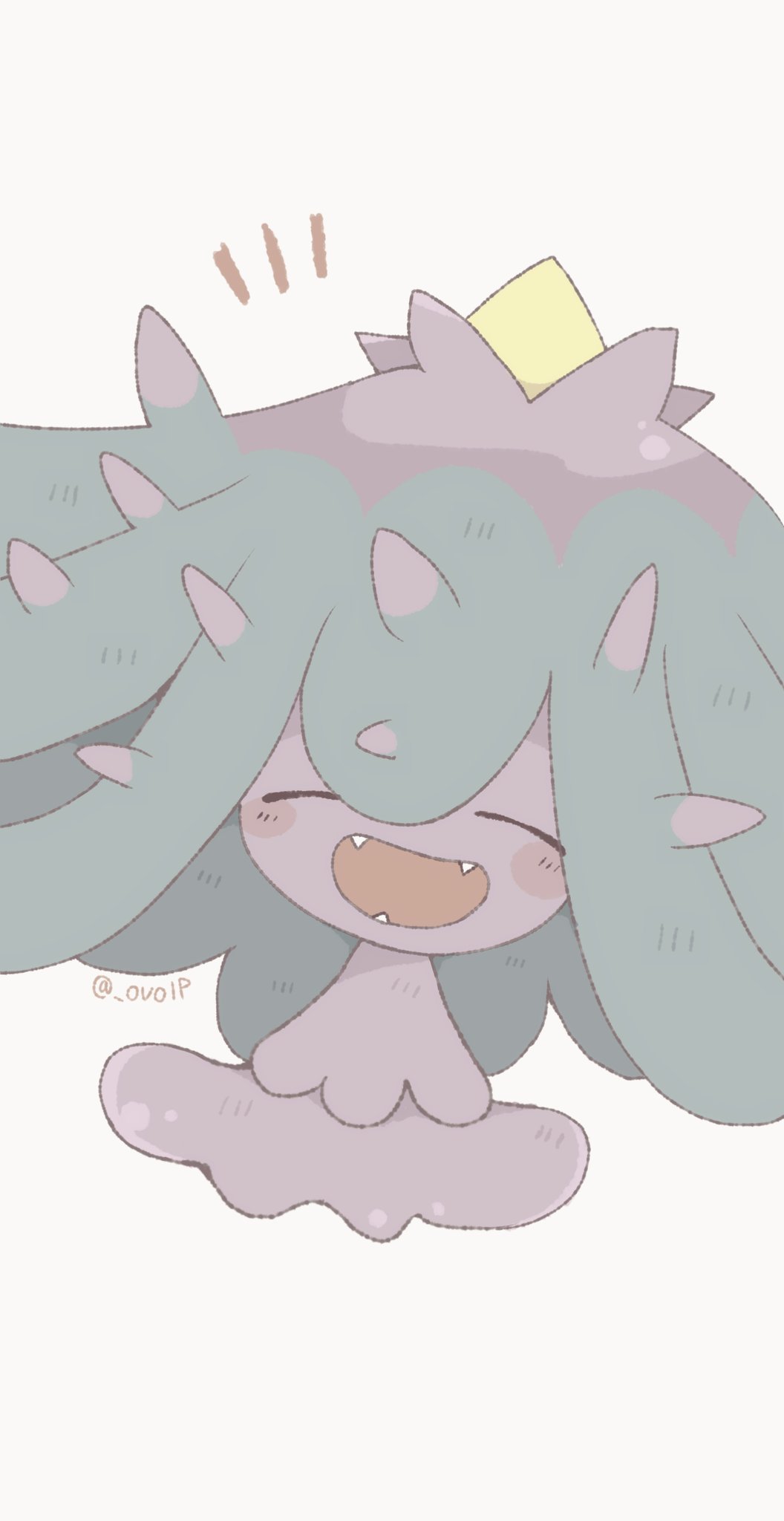 animal_focus blush_stickers closed_eyes colored_skin fangs grey_background happy highres mareanie no_humans notice_lines open_mouth ovoip pokemon pokemon_(creature) purple_skin simple_background solo spikes twitter_username
