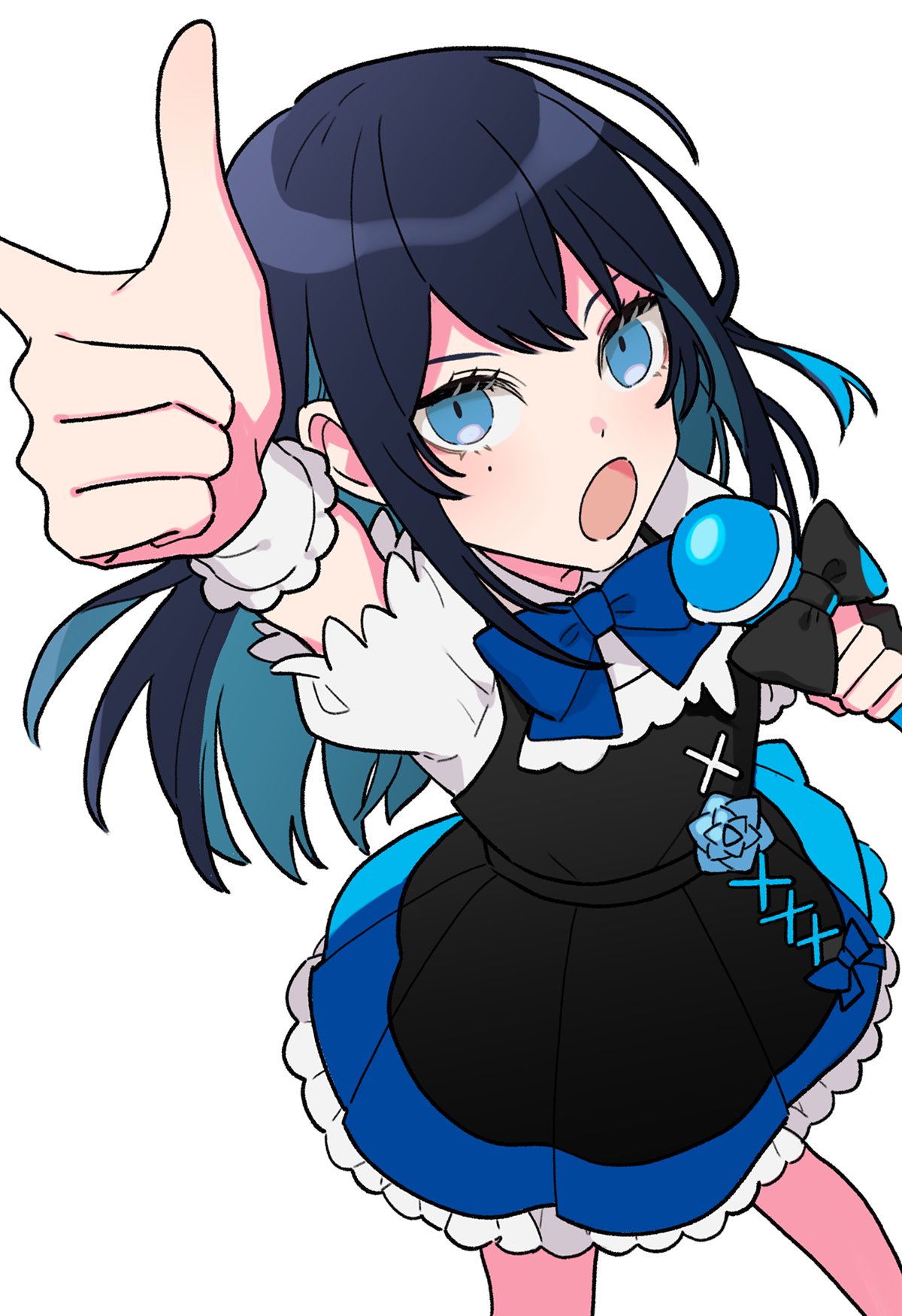 1girl ado_(utaite) arm_up black_bow black_dress black_hair blue_eyes blue_hair bow chando_(ado) cloud_nine_inc colored_inner_hair commentary_request cosplay dress highres holding holding_microphone index_finger_raised indie_virtual_youtuber looking_at_viewer microphone multicolored_hair open_mouth pinafore_dress pmaru-sama pmaru-sama_(cosplay) puffy_short_sleeves puffy_sleeves riseno short_sleeves sidelocks simple_background sleeveless sleeveless_dress solo white_background white_wrist_cuffs