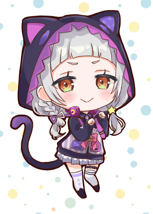 1girl animal_hood arched_bangs black_jacket cat_girl cat_hood cat_tail chibi closed_mouth commentary_request full_body grey_hair grey_skirt hololive hood hooded_jacket jacket long_hair long_sleeves looking_at_viewer low_twintails miniskirt murasaki_shion murasaki_shion_(school_uniform) nanaka_nagomi official_alternate_hairstyle plaid plaid_skirt pleated_skirt polka_dot polka_dot_background short_eyebrows skirt solo tail thick_outlines twintails v-shaped_eyebrows virtual_youtuber white_background yellow_eyes