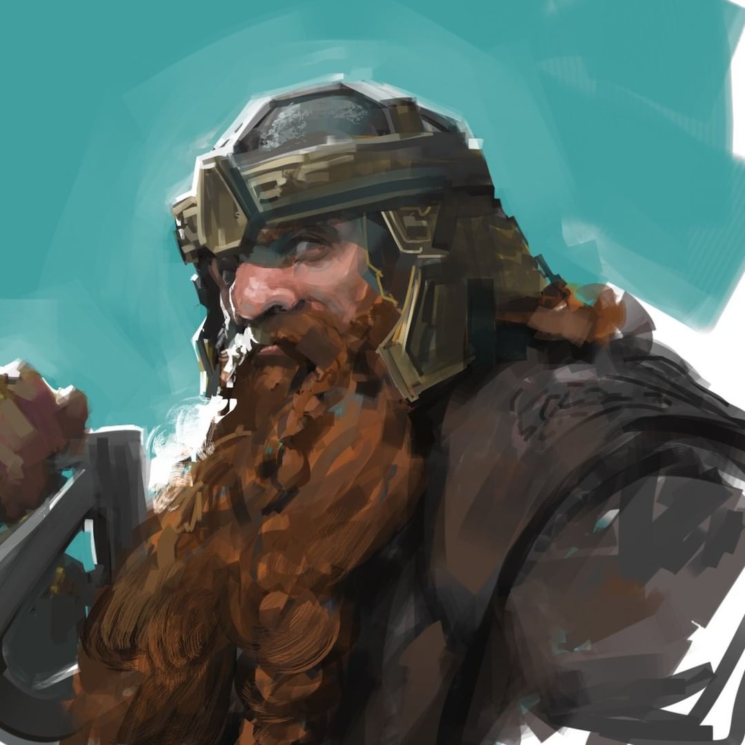 1boy axe beard brown_hair dwarf facial_hair from_side gimli green_background helmet holding holding_axe kanji_(nievart) looking_at_viewer male_focus solo the_lord_of_the_rings tolkien's_legendarium white_background